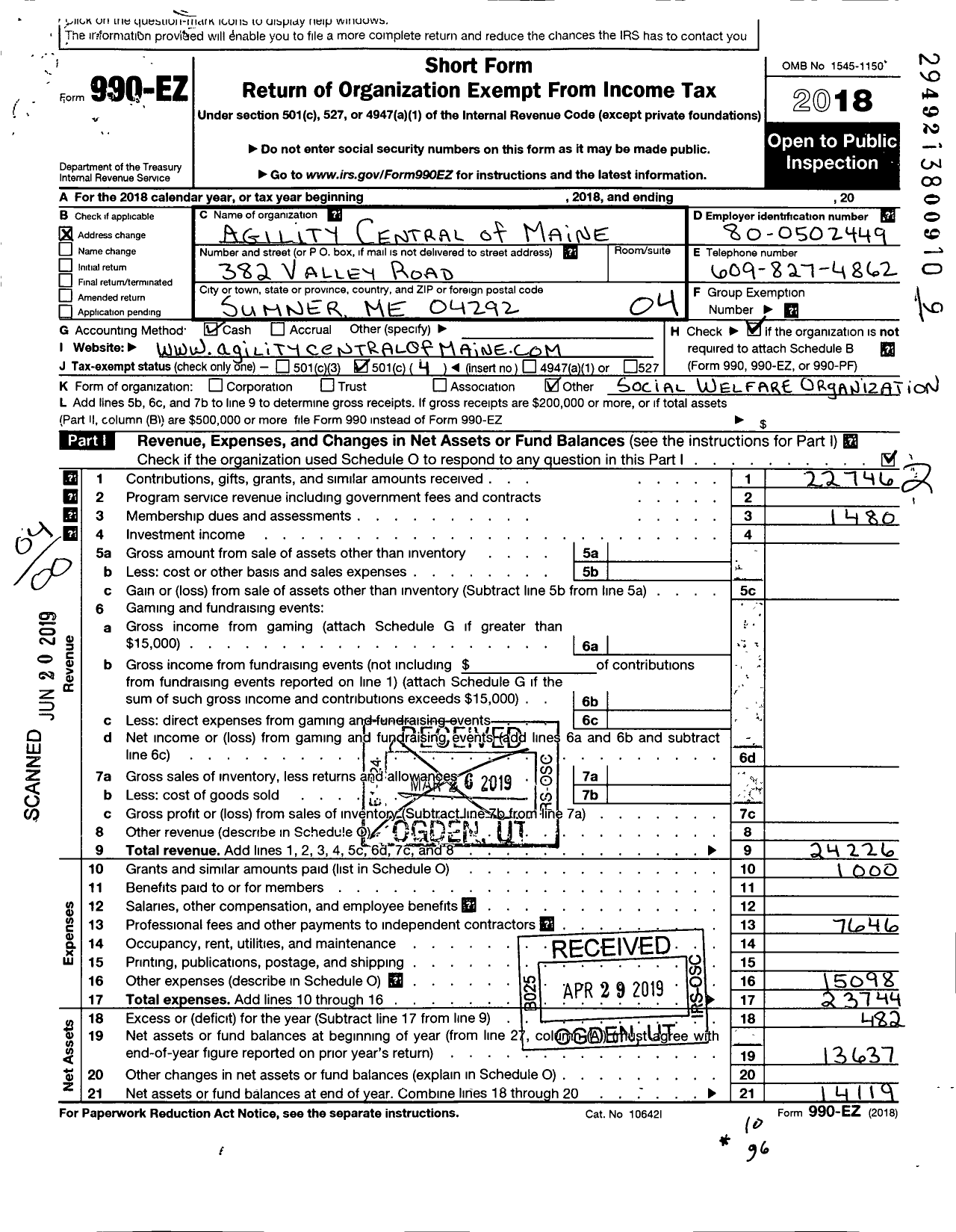 Image of first page of 2018 Form 990EO for Agility Central of Maine