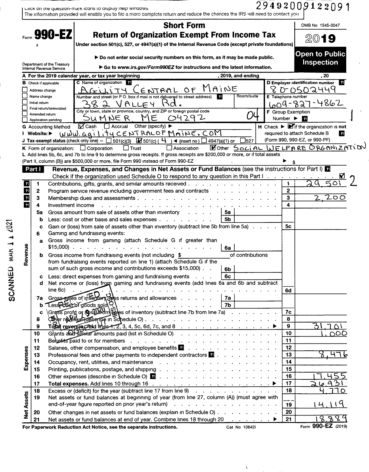 Image of first page of 2019 Form 990EO for Agility Central of Maine