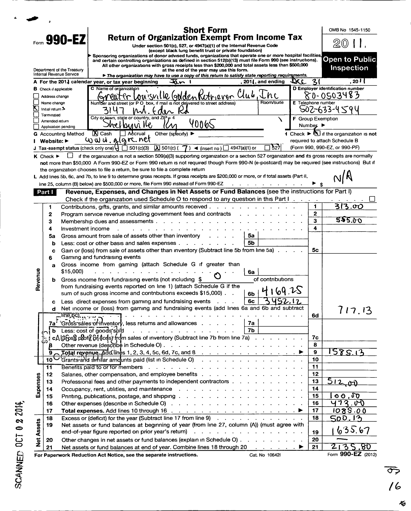 Image of first page of 2011 Form 990EO for Greater Louisville Golden Retriever Club