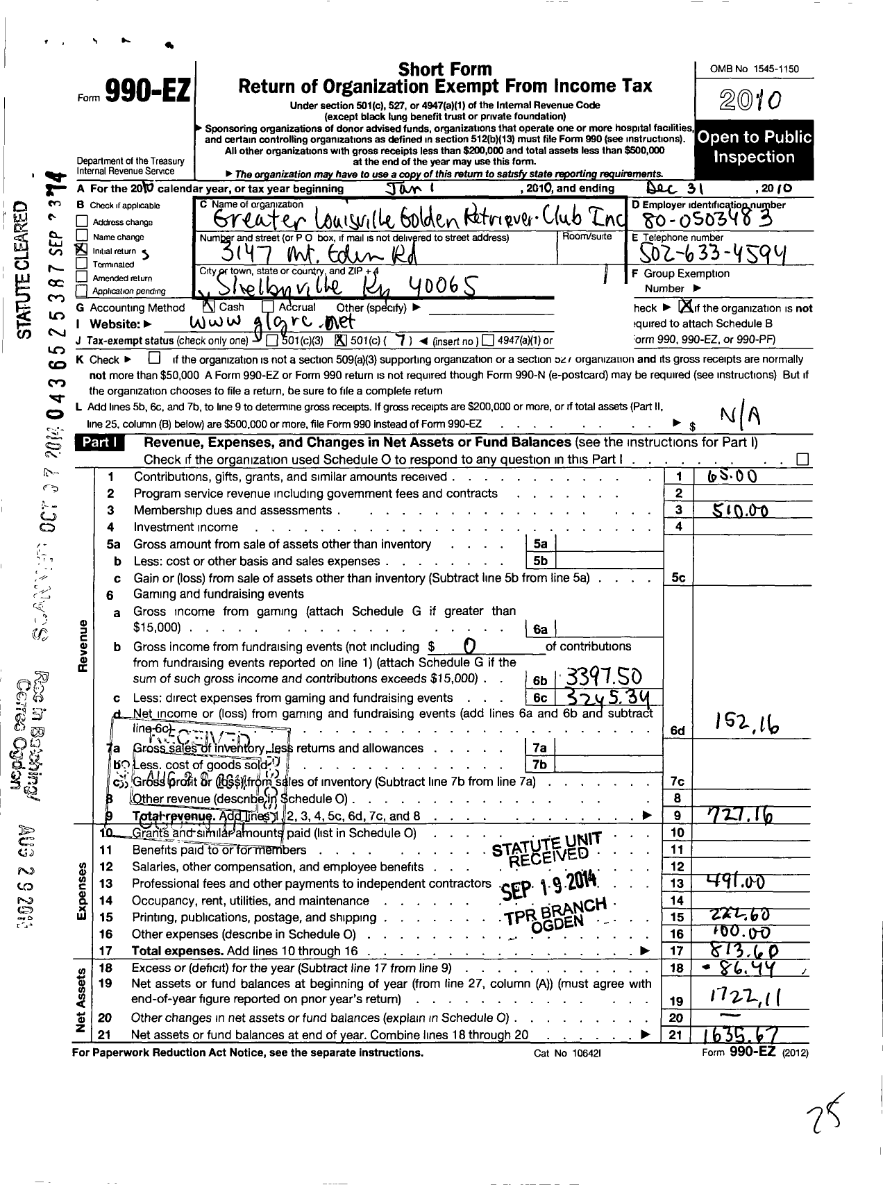 Image of first page of 2010 Form 990EO for Greater Louisville Golden Retriever Club