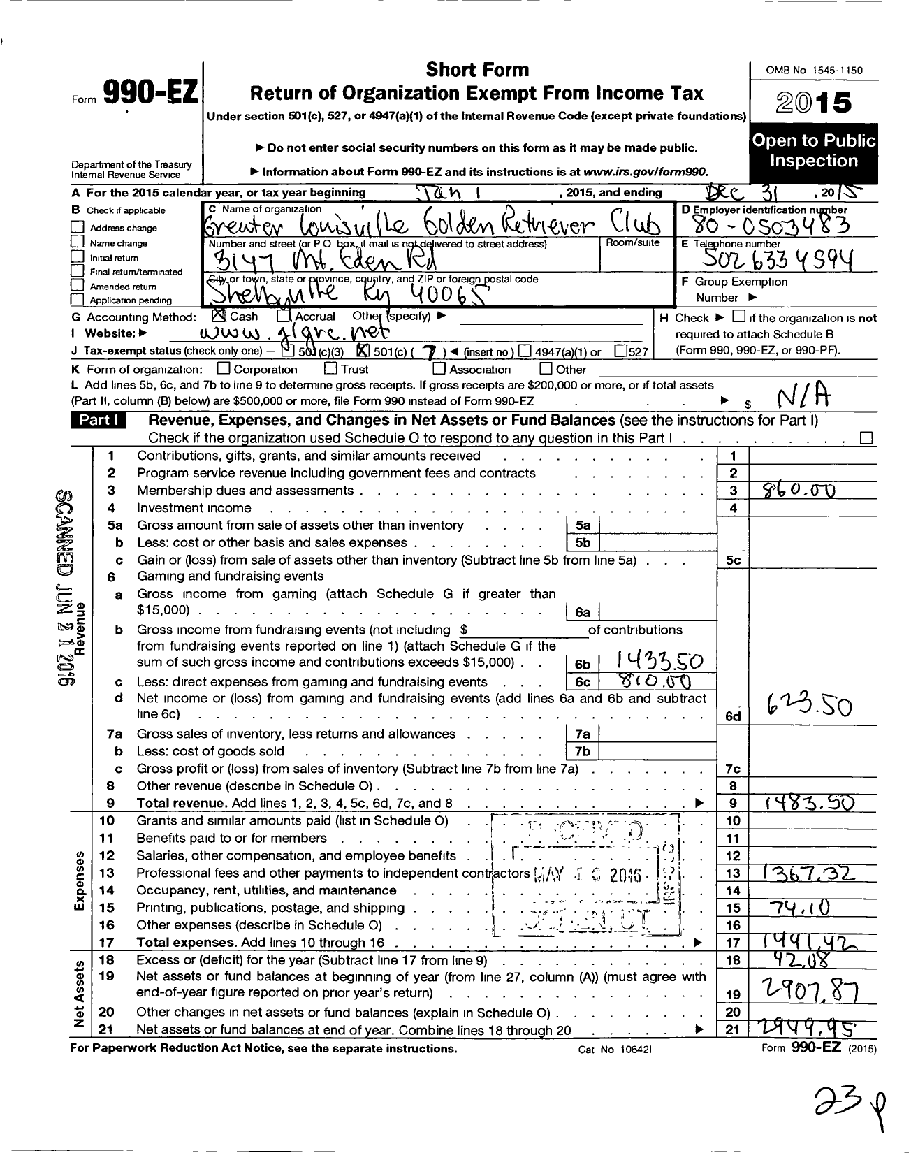 Image of first page of 2015 Form 990EO for Greater Louisville Golden Retriever Club