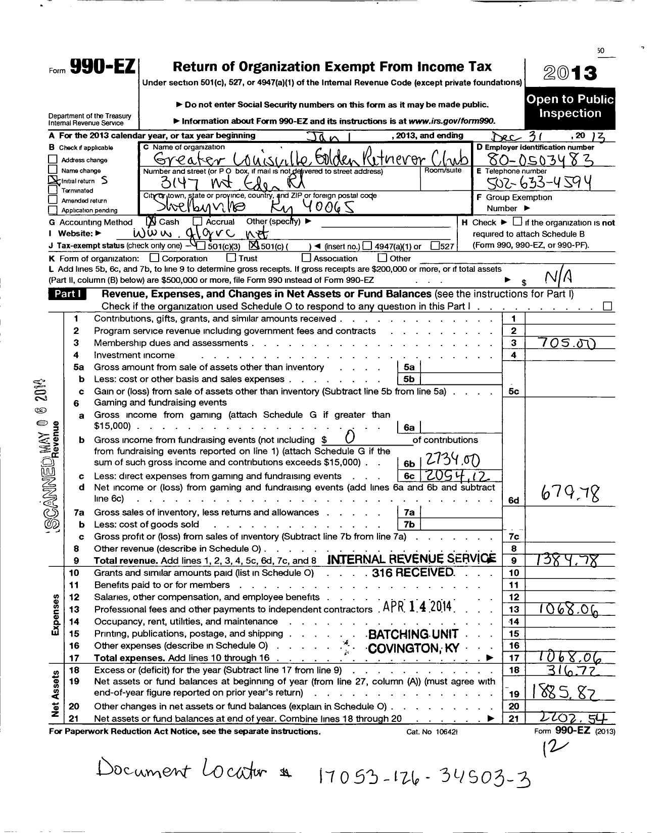 Image of first page of 2013 Form 990EO for Greater Louisville Golden Retriever Club