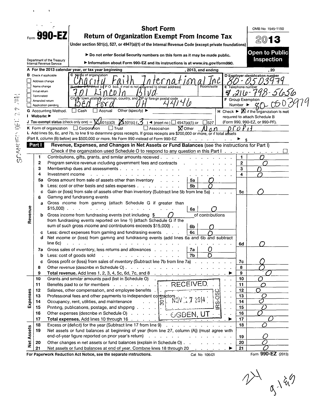 Image of first page of 2013 Form 990EZ for Charity Faith International