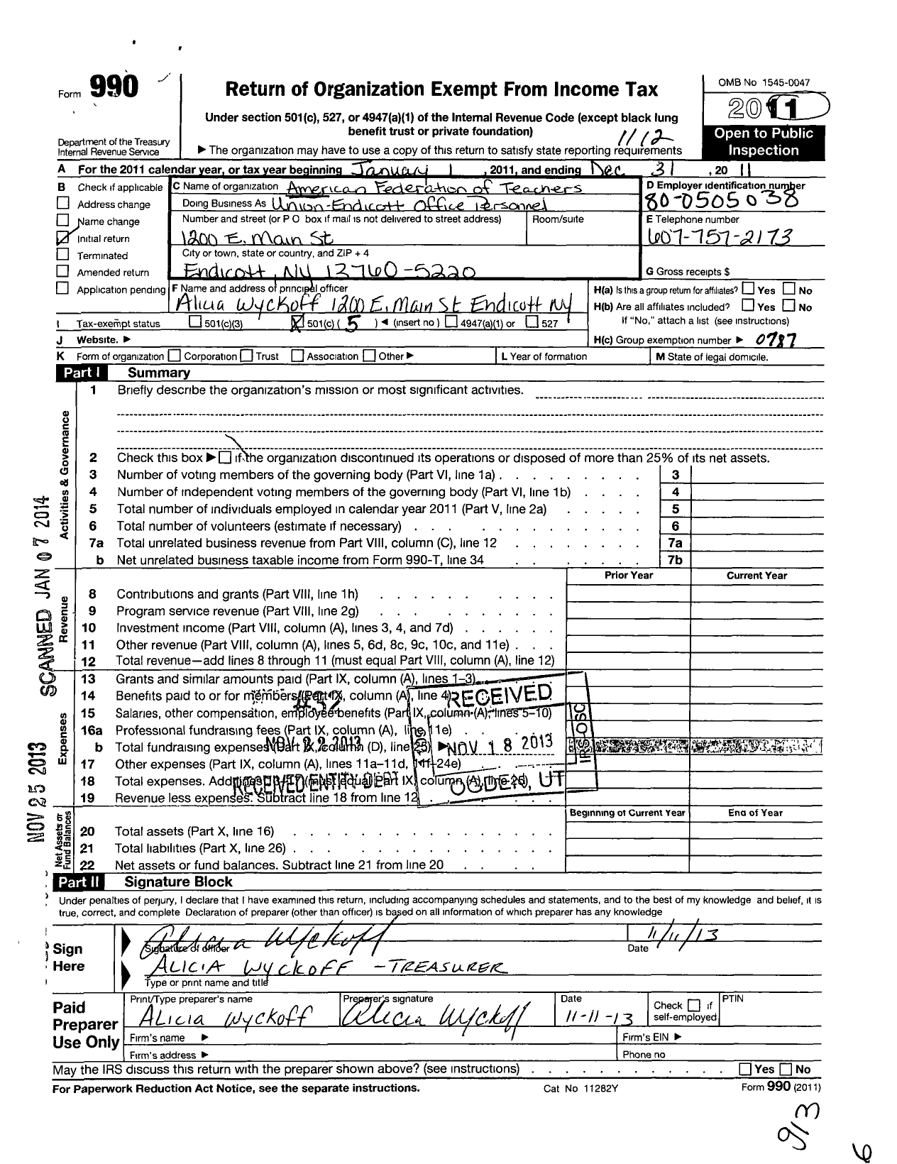 Image of first page of 2011 Form 990O for American Federation of Teachers - 4662 Union-Endicott Office Personne