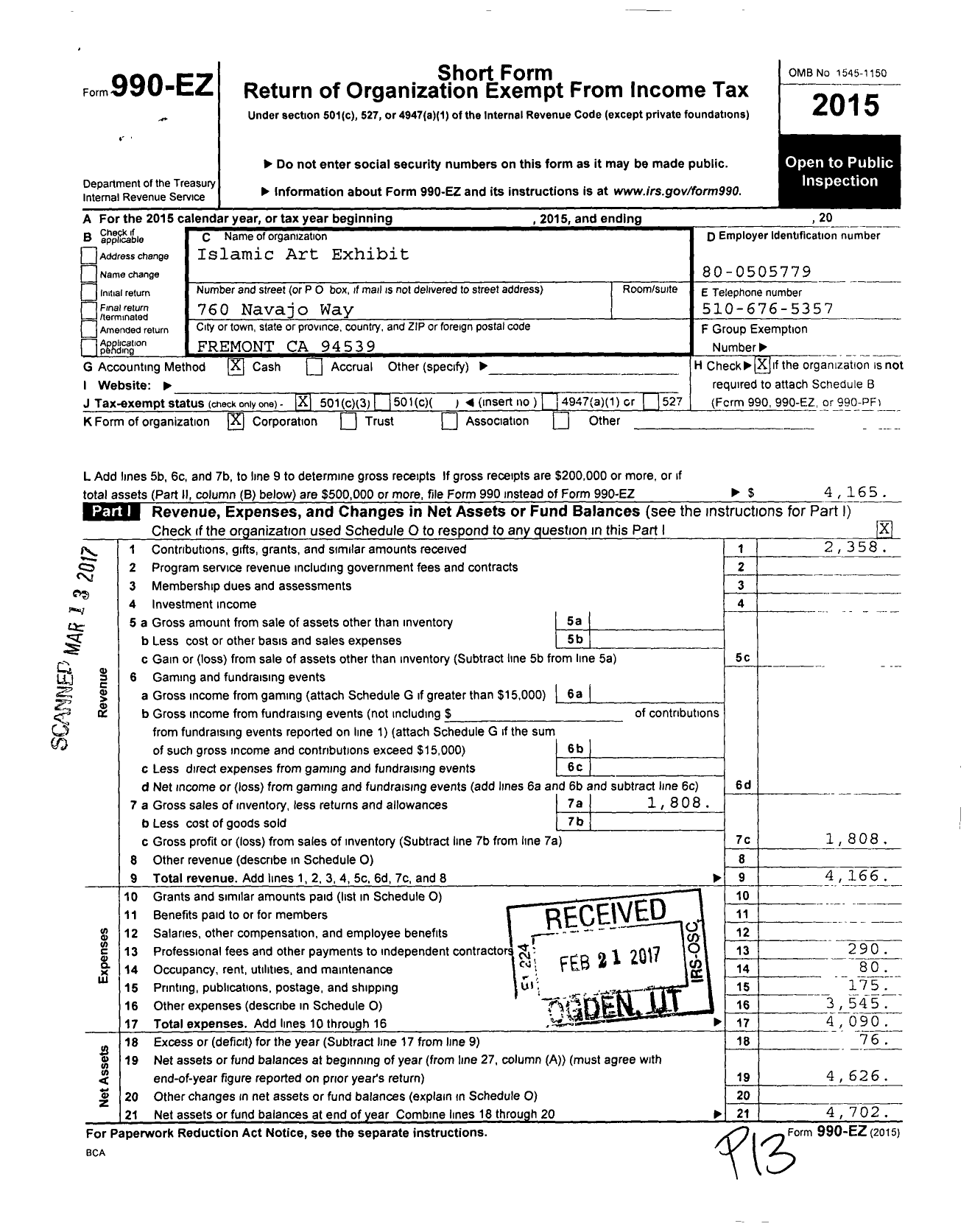Image of first page of 2015 Form 990EZ for Islamic Art Exhibit