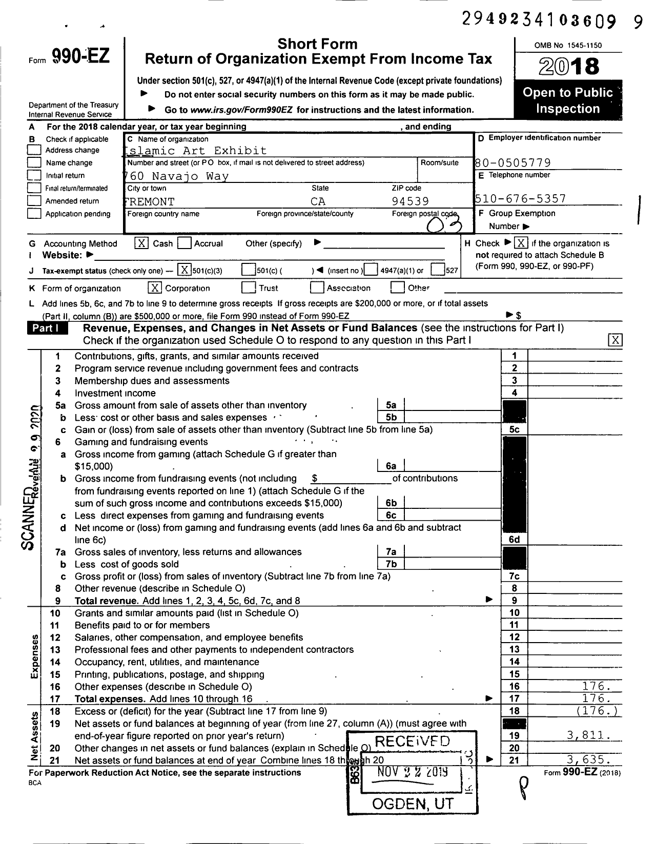 Image of first page of 2018 Form 990EZ for Islamic Art Exhibit