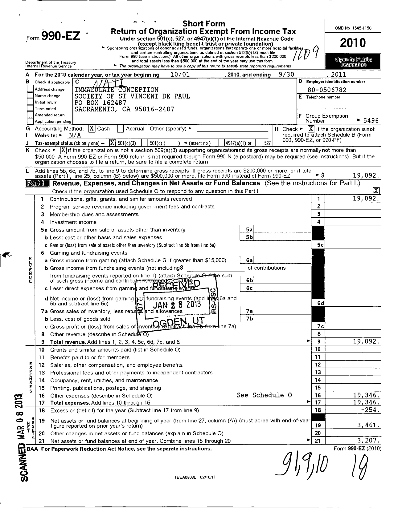 Image of first page of 2010 Form 990EZ for Immaculated Conception Parish St Vincent de Paul Society Conference