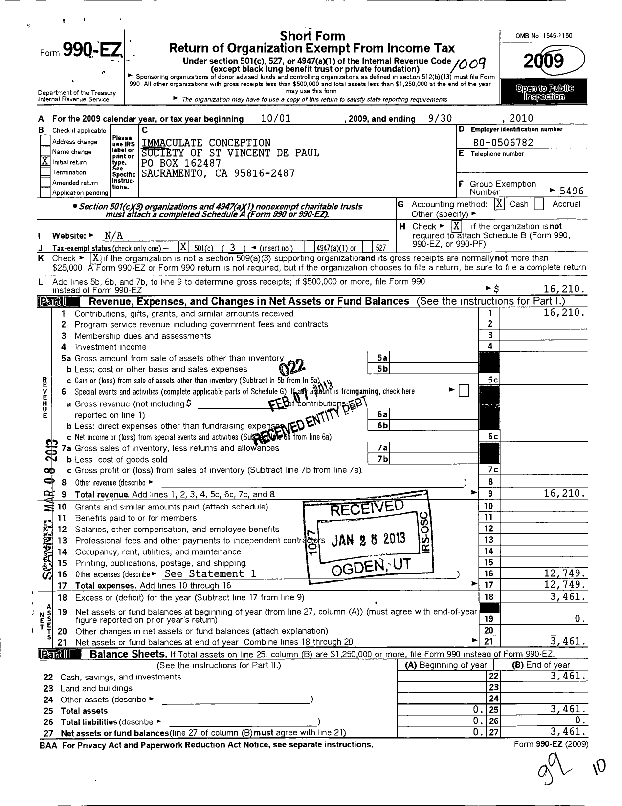 Image of first page of 2009 Form 990EZ for Immaculated Conception Parish St Vincent de Paul Society Conference