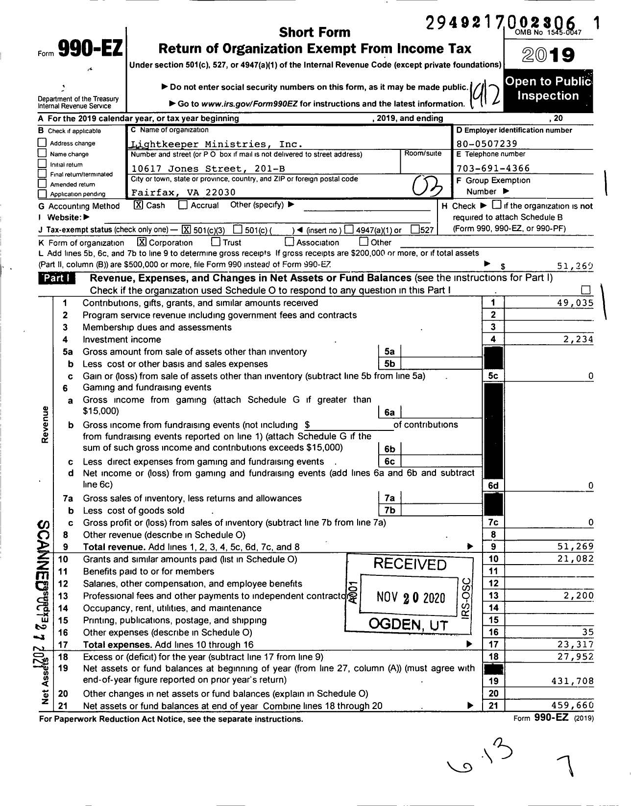 Image of first page of 2019 Form 990EZ for Lightkeeper Ministries