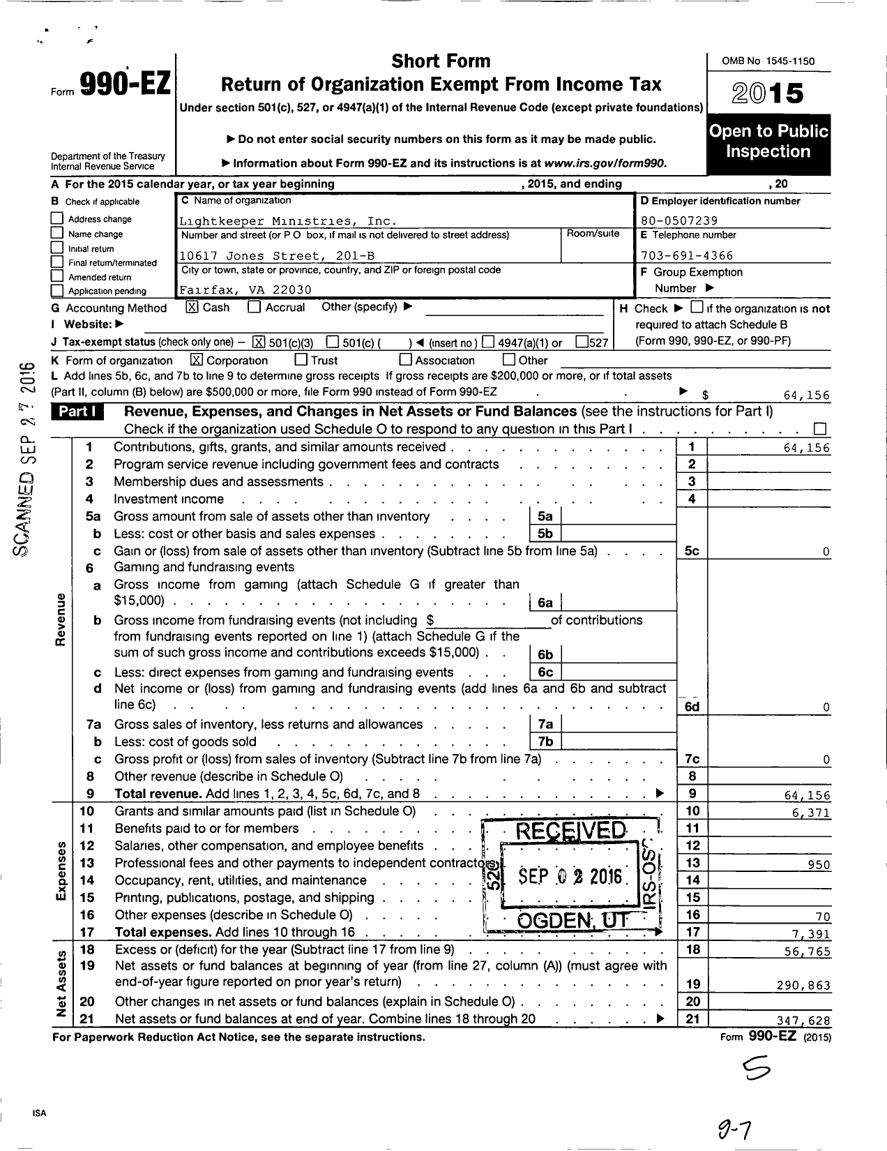 Image of first page of 2015 Form 990EZ for Lightkeeper Ministries