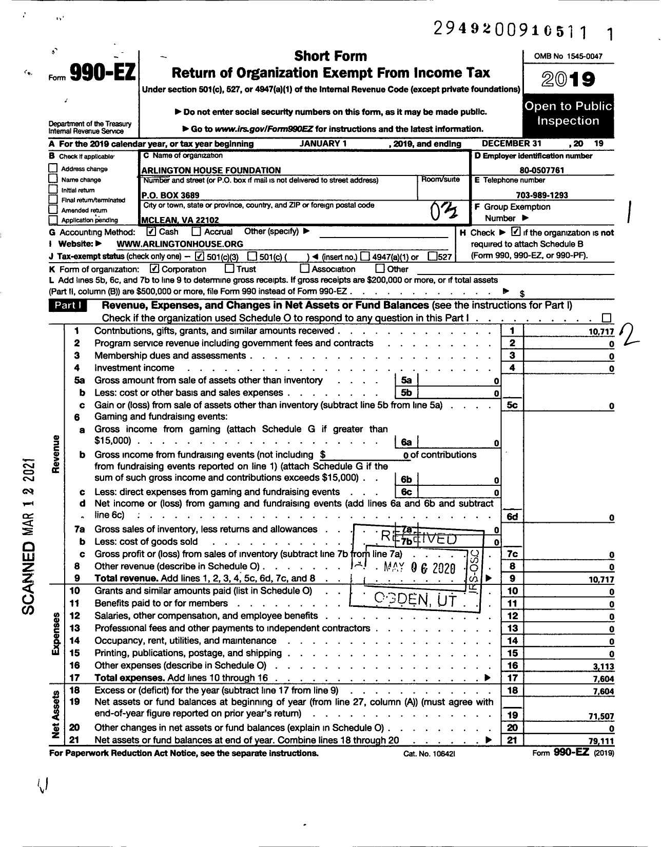 Image of first page of 2019 Form 990EZ for Arlington House Foundation