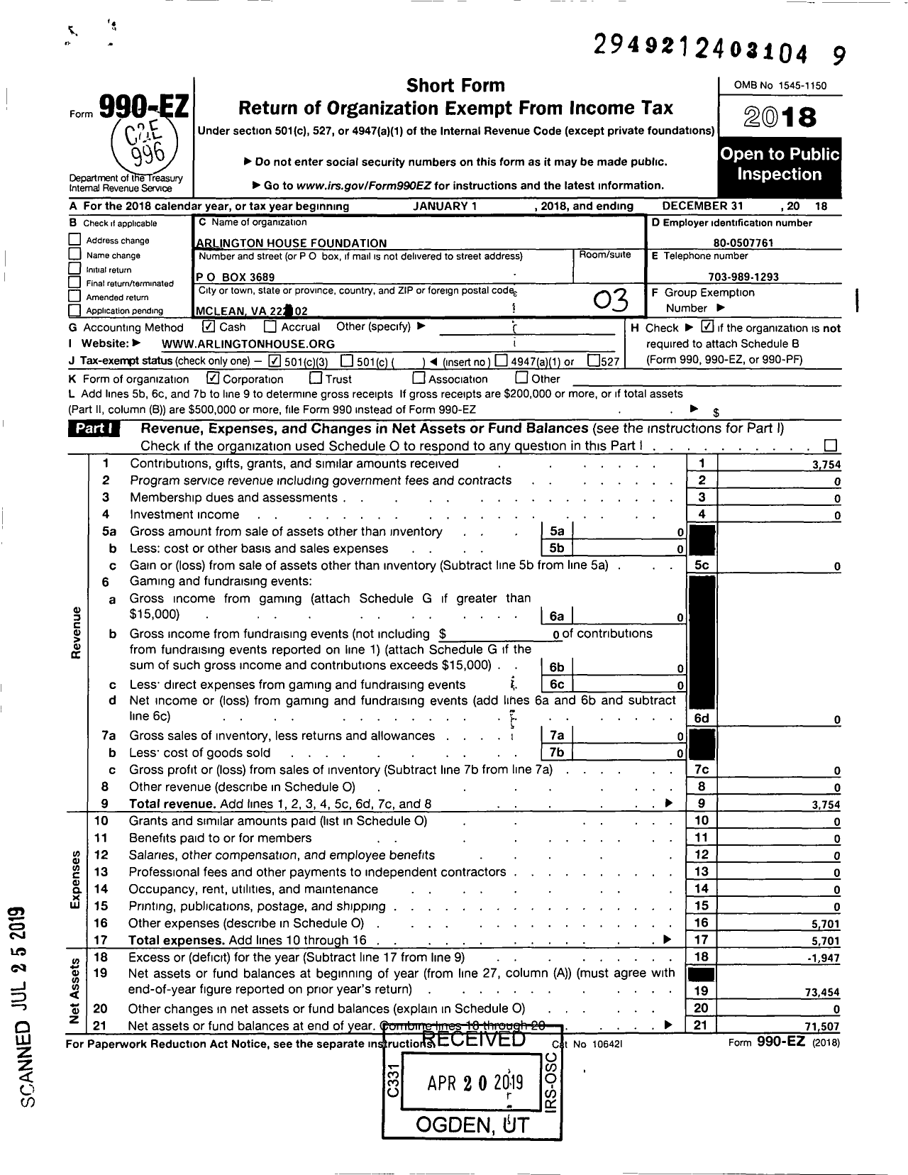 Image of first page of 2018 Form 990EZ for Arlington House Foundation