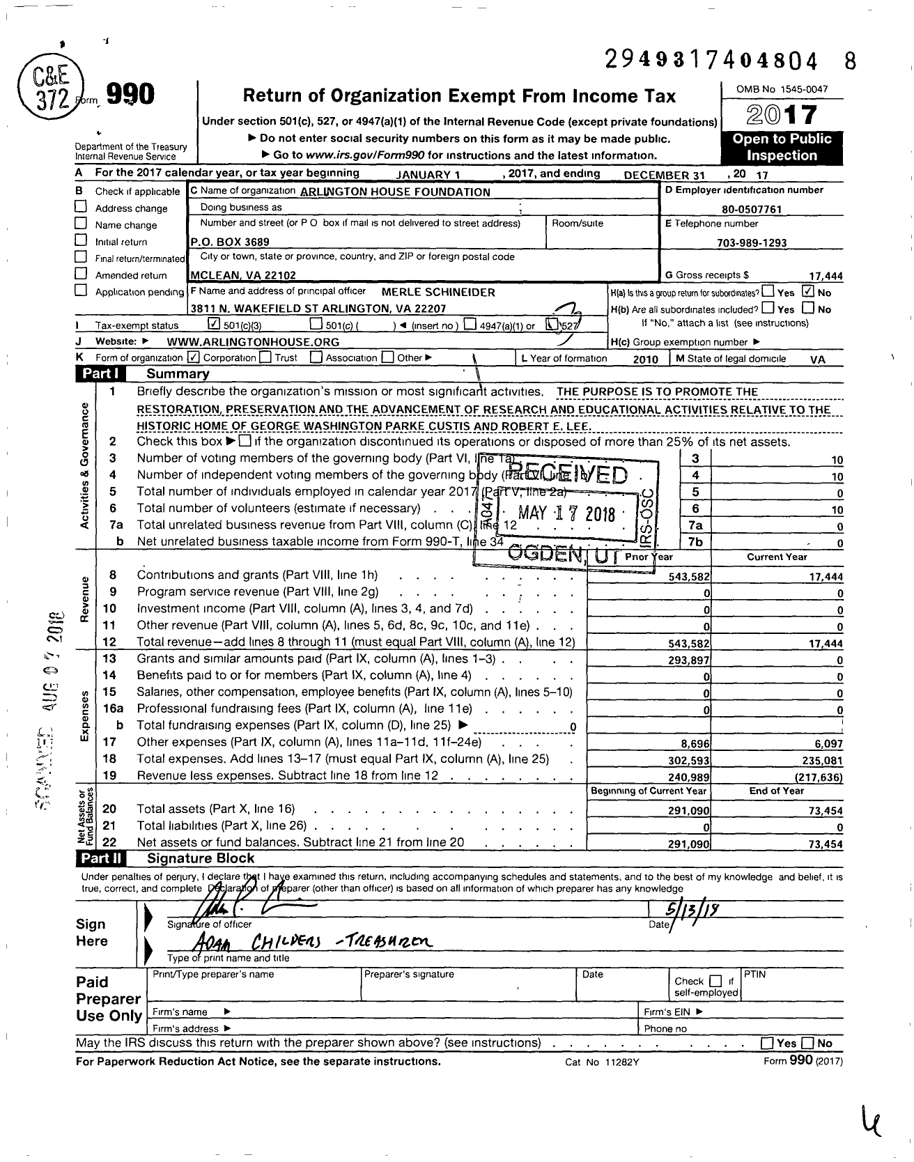 Image of first page of 2017 Form 990 for Arlington House Foundation