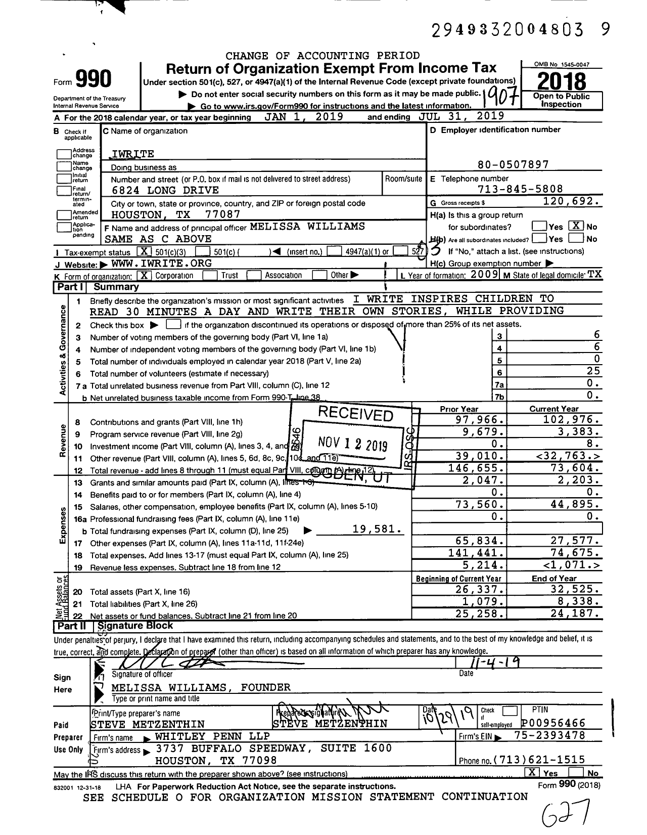 Image of first page of 2018 Form 990 for iWRITE