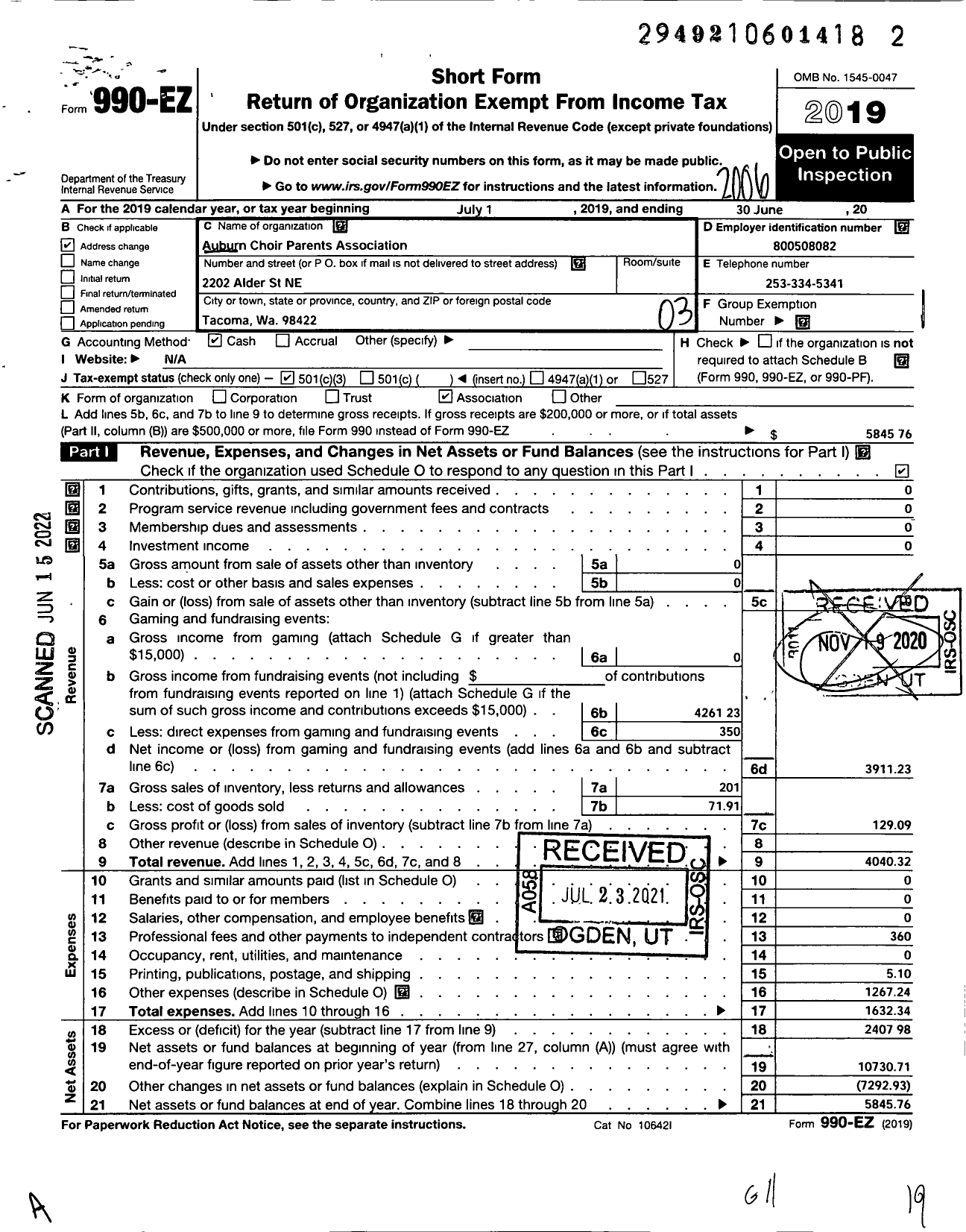 Image of first page of 2019 Form 990EZ for Auburn Choir Parents Association