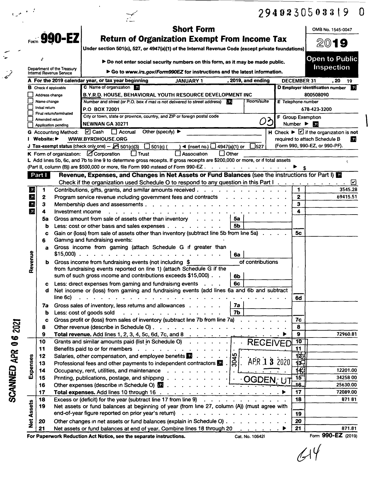 Image of first page of 2019 Form 990EZ for Byrd House Behavioral Youth Resource Development Incorporated