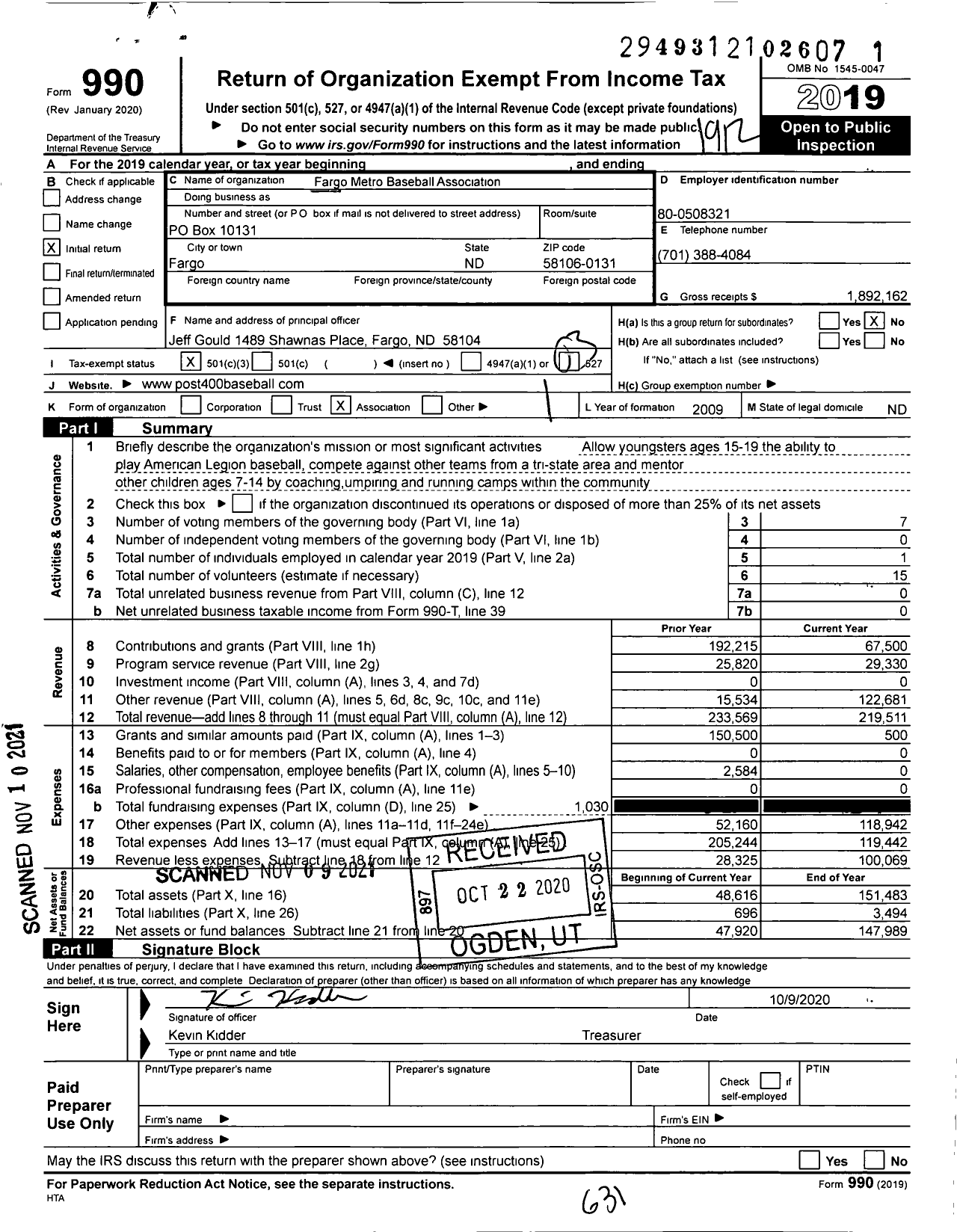 Image of first page of 2019 Form 990 for Fargo Metro Baseball Association