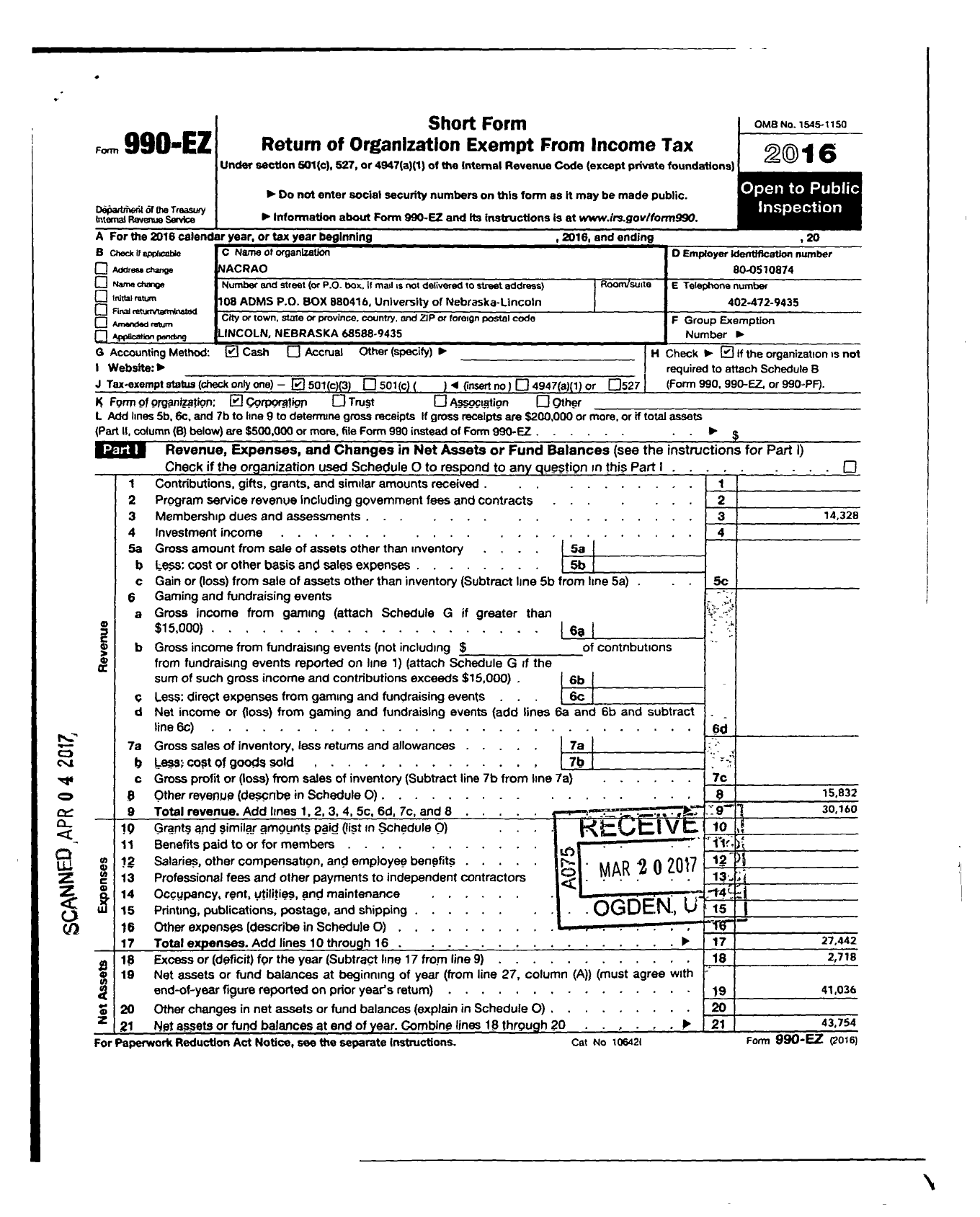 Image of first page of 2016 Form 990EZ for Nebraska Association of Collegiate Registrars and Admissions Officers