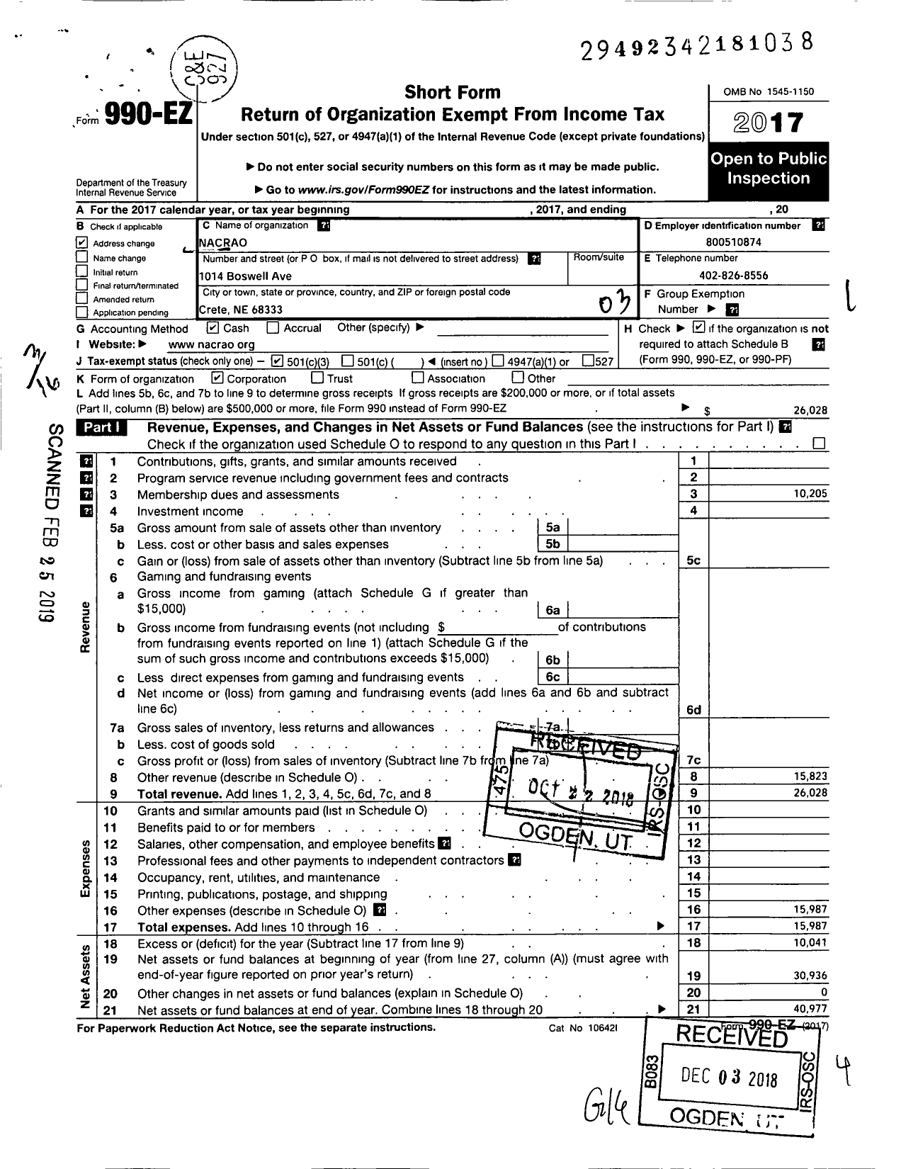 Image of first page of 2017 Form 990EZ for Nebraska Association of Collegiate Registrars and Admissions Officers