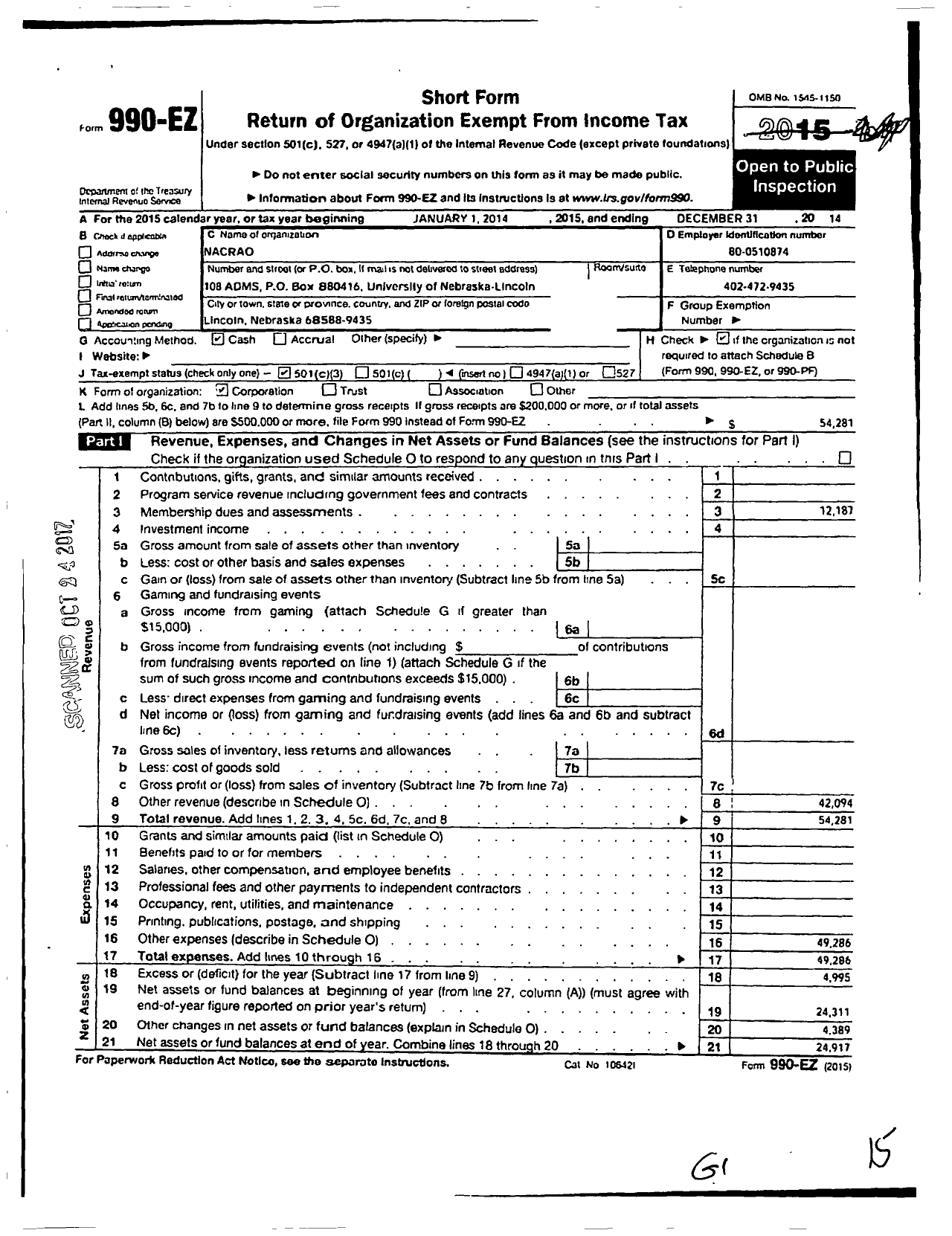 Image of first page of 2014 Form 990EZ for Nebraska Association of Collegiate Registrars and Admissions Officers