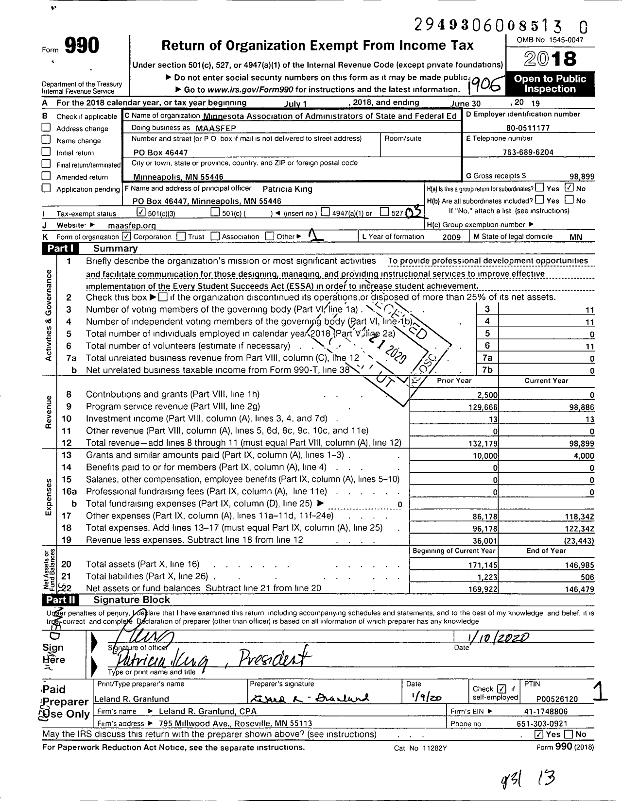 Image of first page of 2018 Form 990 for Minnesota Association of Administrators of State and Federal Education Programs