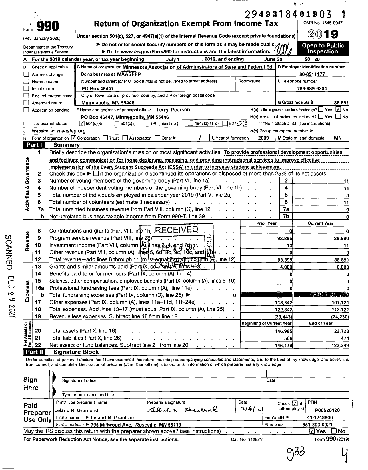 Image of first page of 2019 Form 990 for Minnesota Association of Administrators of State and Federal Education Programs