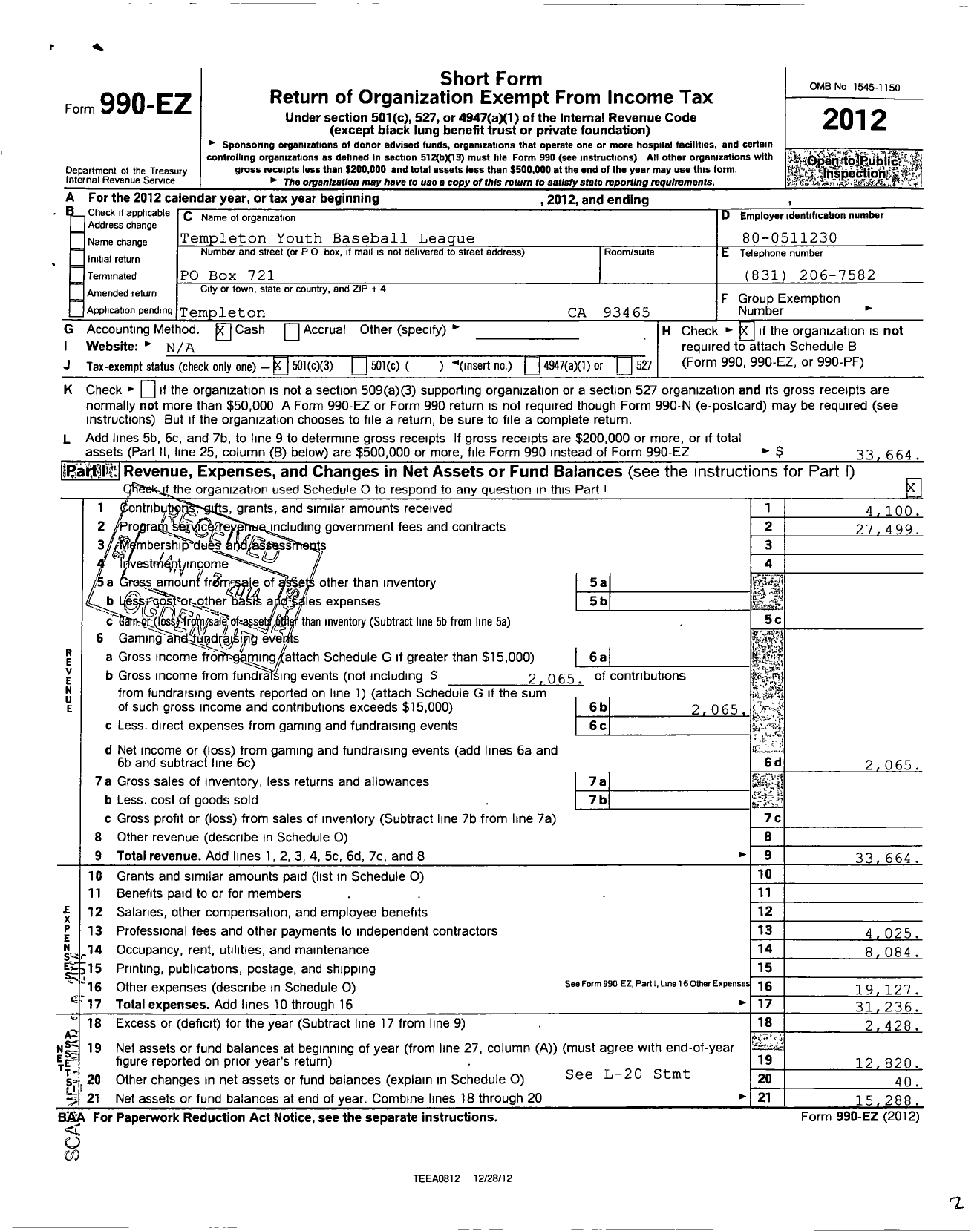 Image of first page of 2012 Form 990EZ for Templeton Youth Baseball League