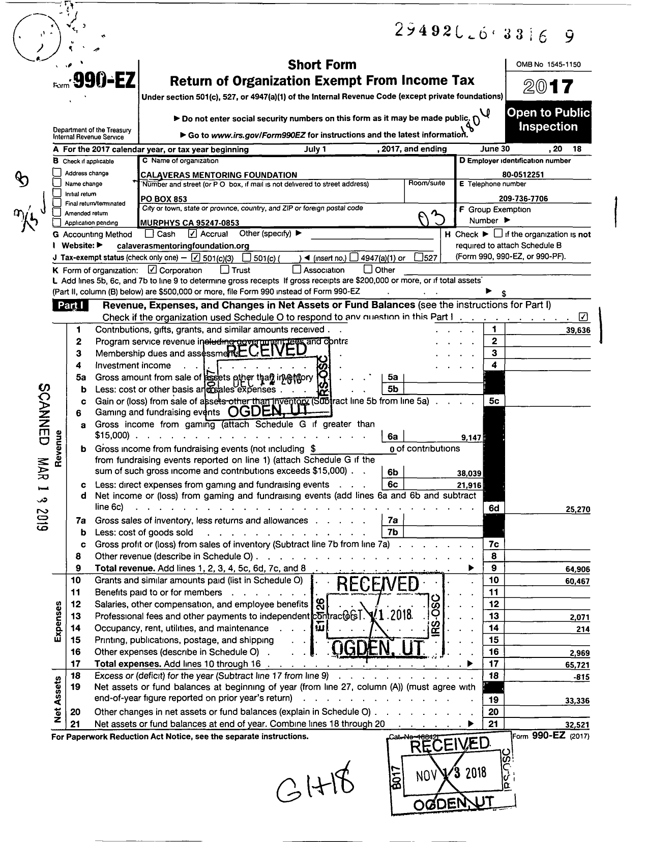 Image of first page of 2017 Form 990EZ for Calaveras Mentoring Foundation