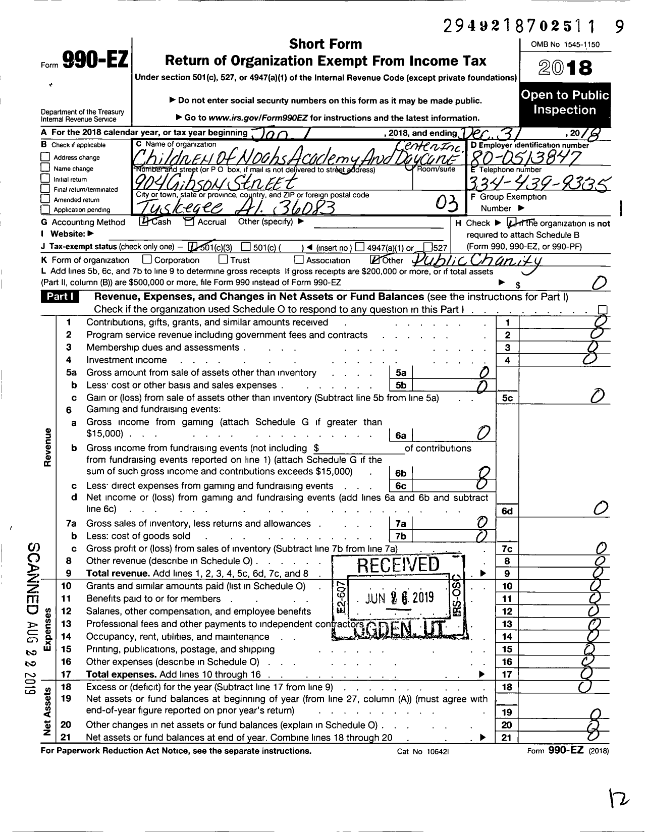 Image of first page of 2018 Form 990EZ for Children of Noahs Academy and Day Care