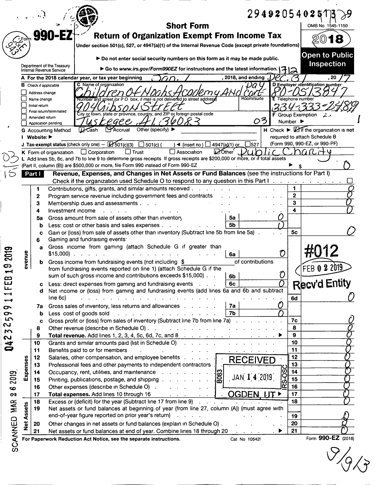 Image of first page of 2017 Form 990EZ for Children of Noahs Academy and Day Care