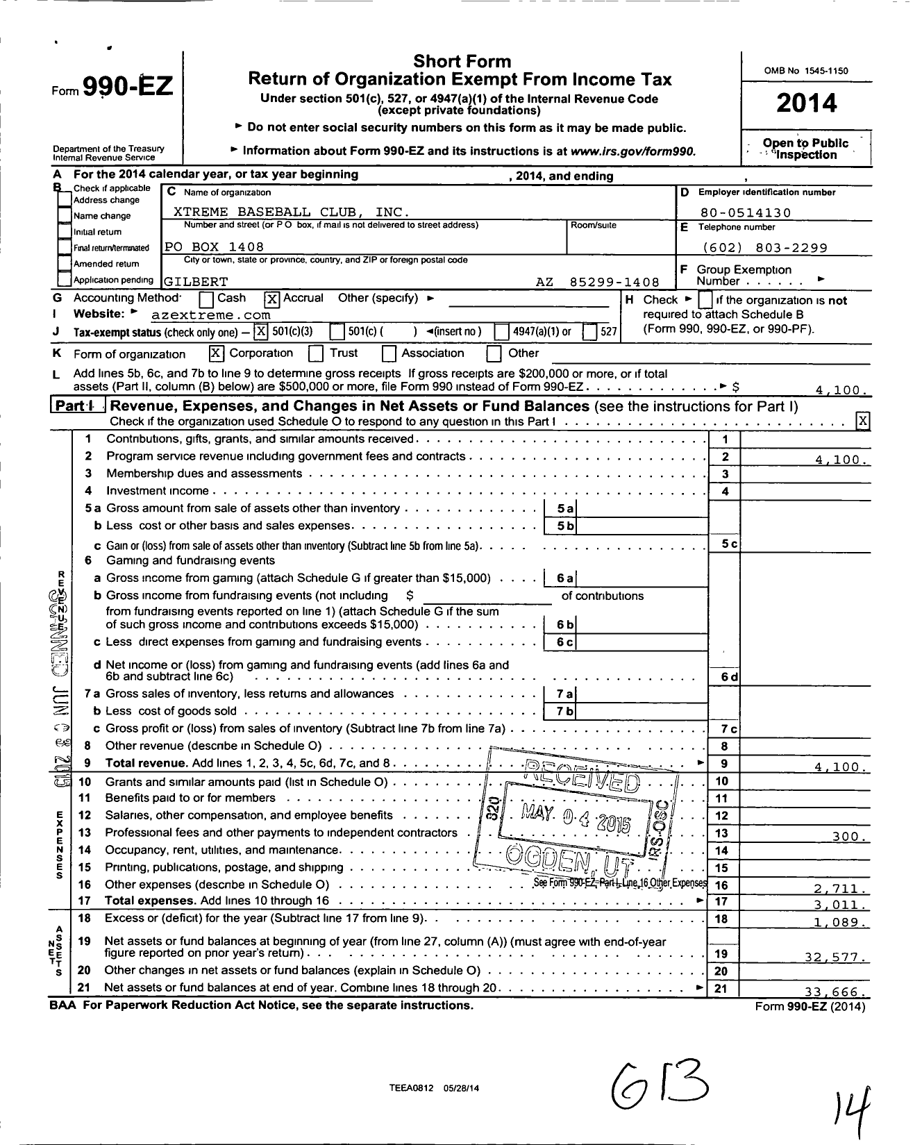 Image of first page of 2014 Form 990EZ for Xtreme Baseball Club