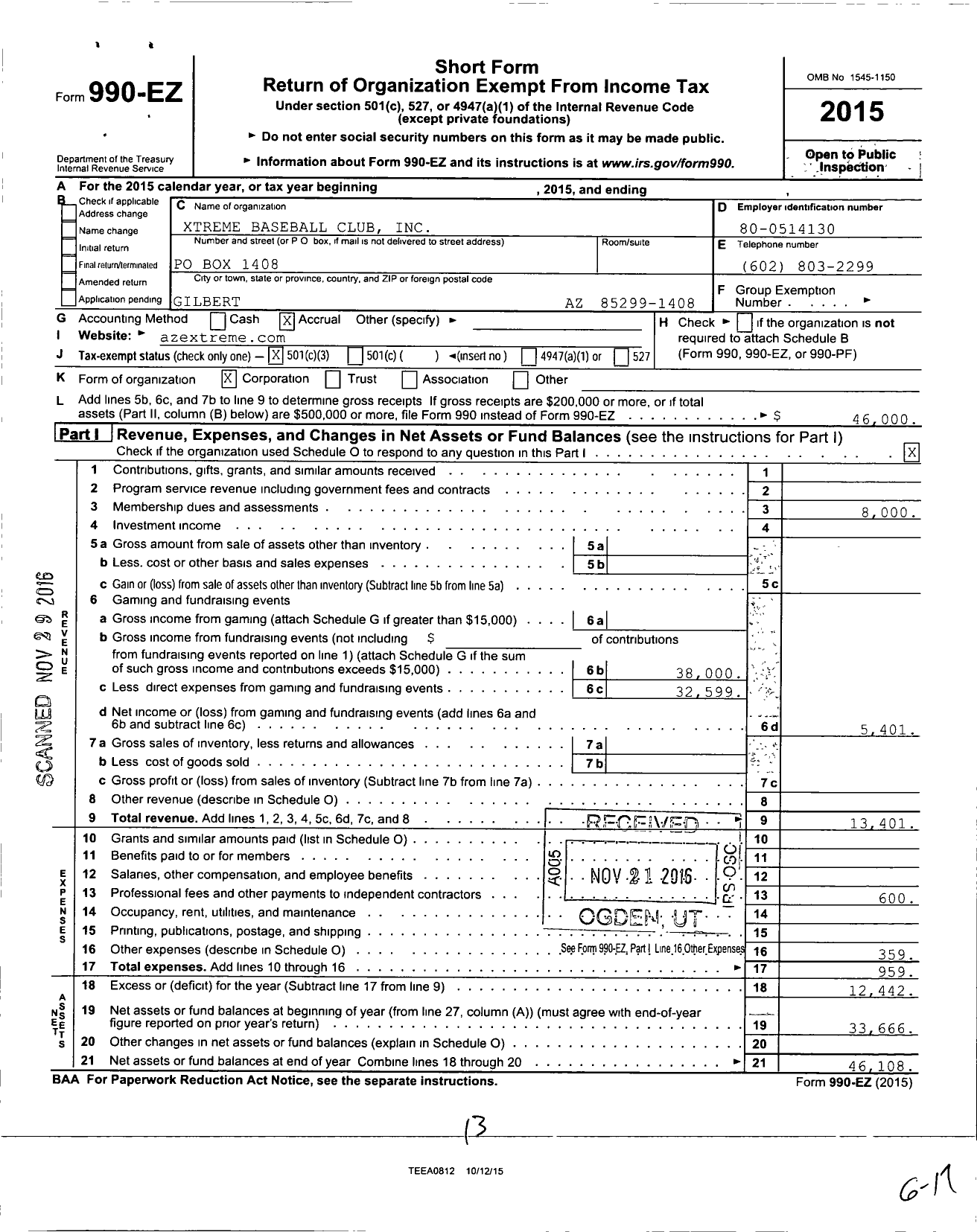 Image of first page of 2015 Form 990EZ for Xtreme Baseball Club