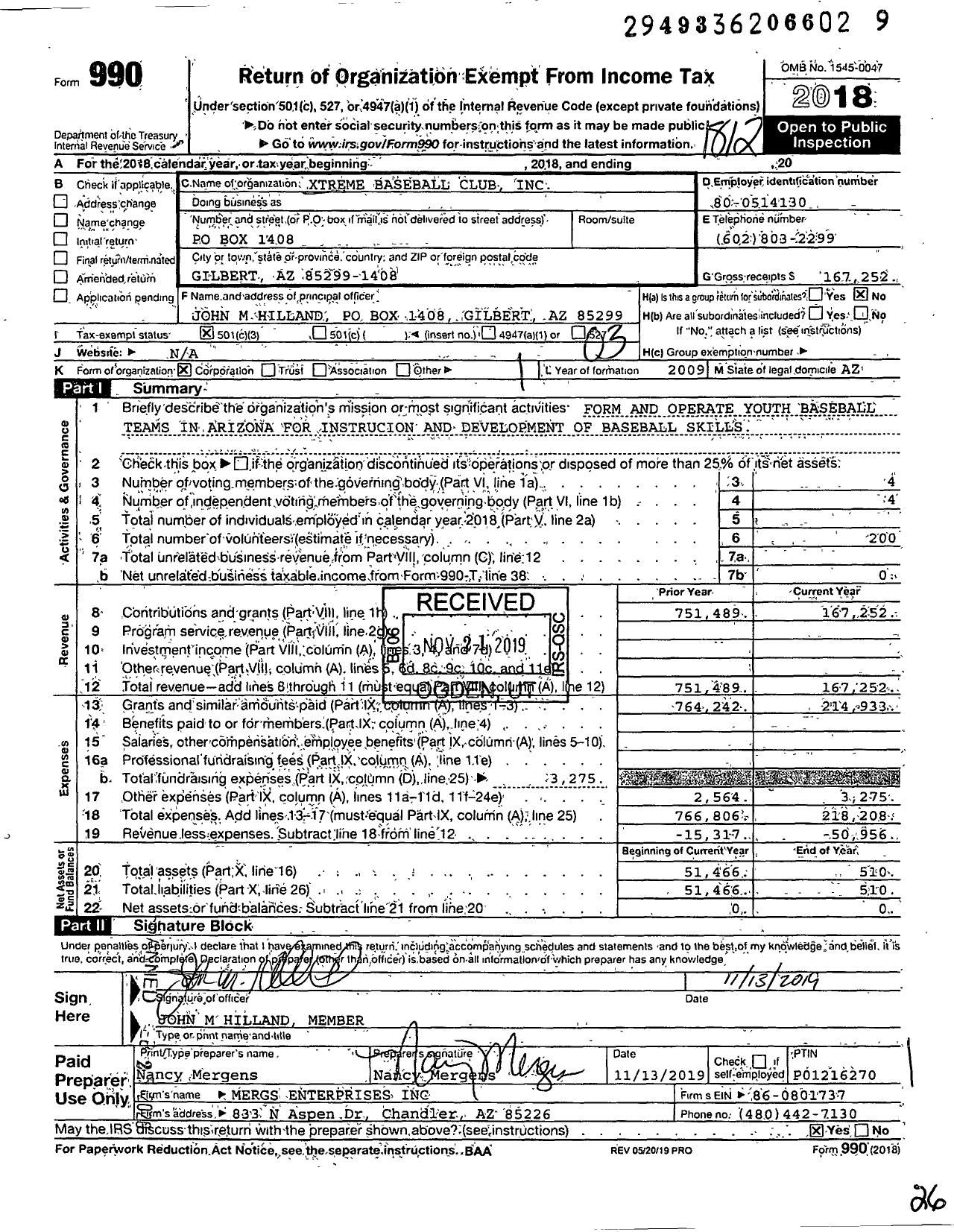 Image of first page of 2018 Form 990 for Xtreme Baseball Club