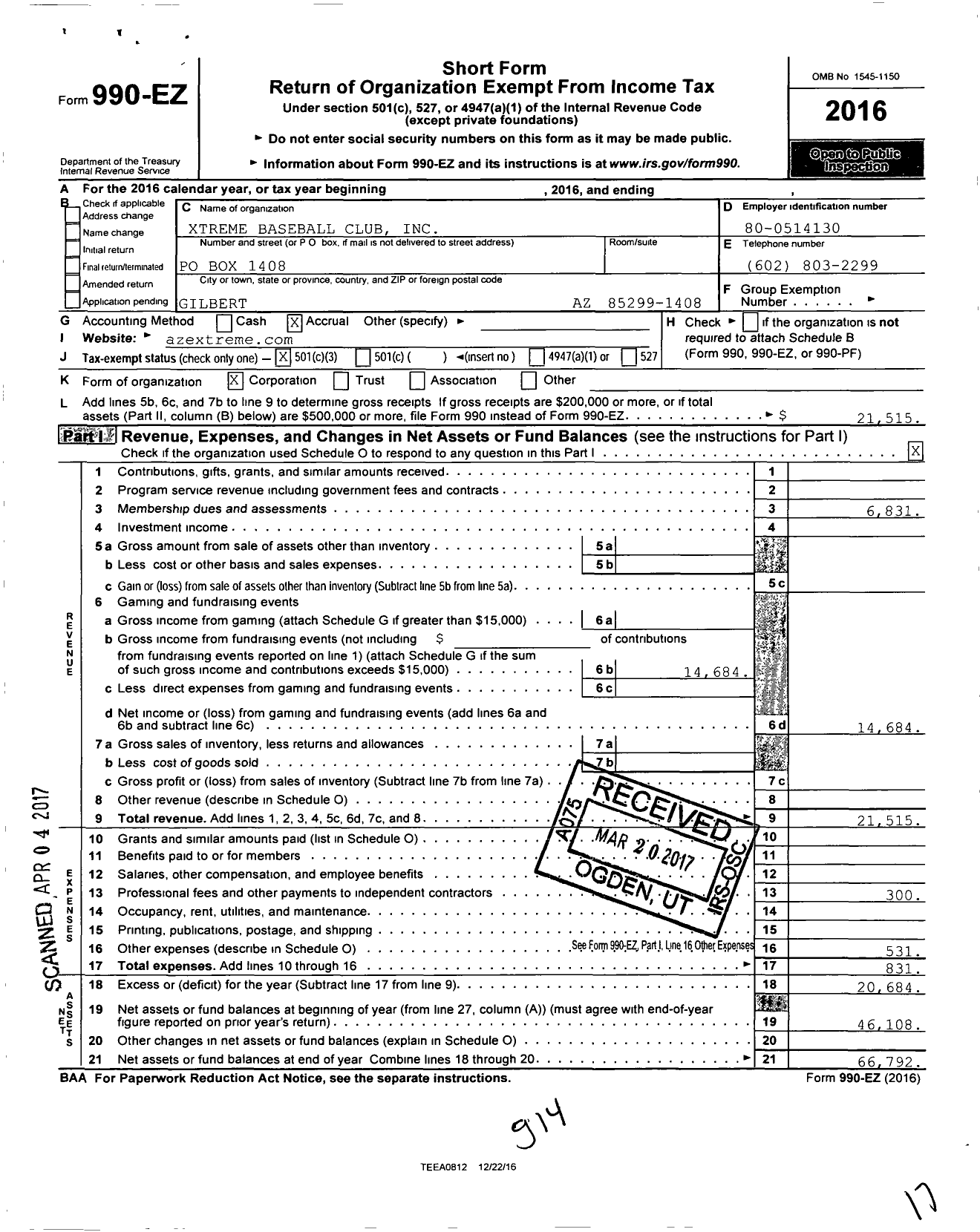 Image of first page of 2016 Form 990EZ for Xtreme Baseball Club