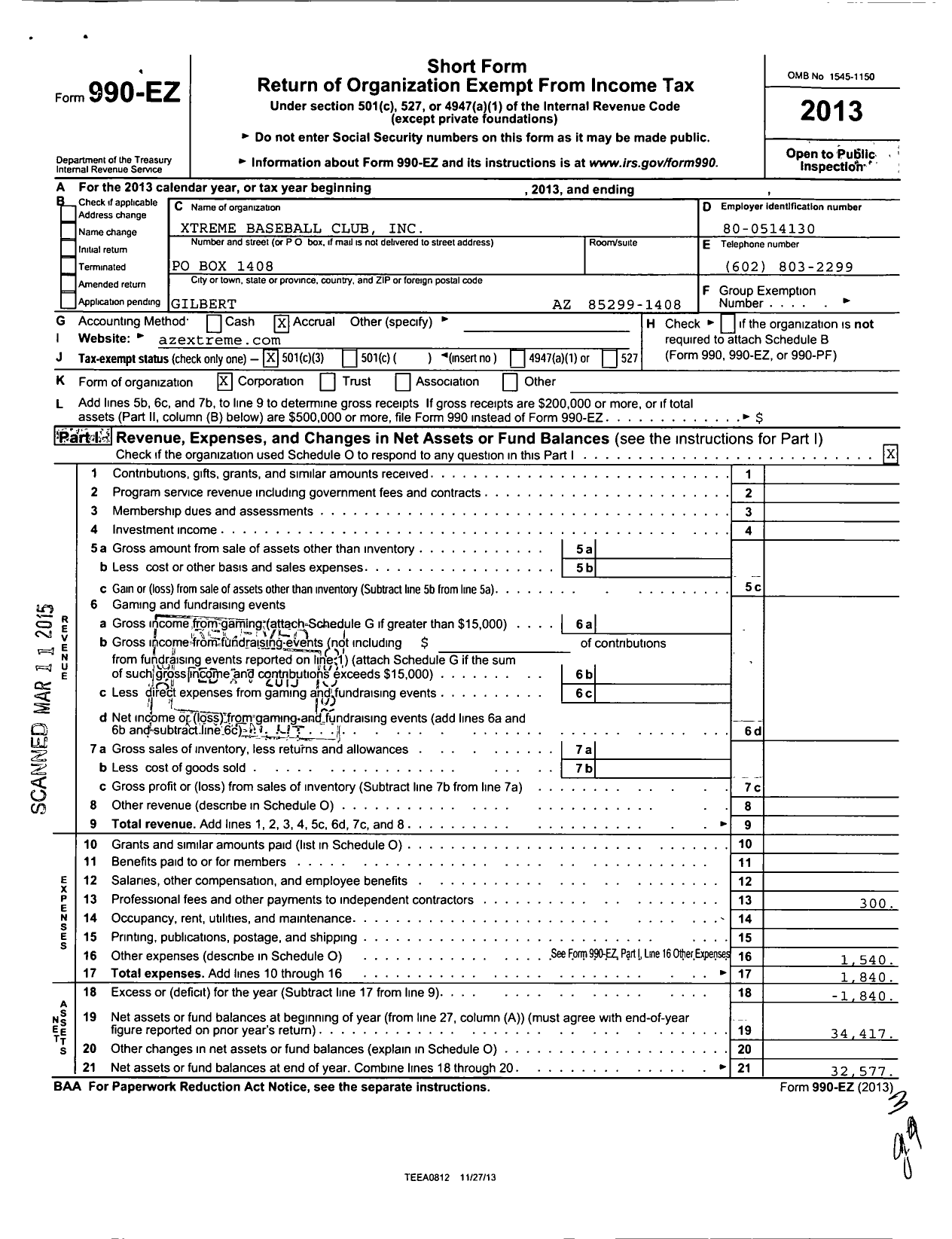 Image of first page of 2013 Form 990EZ for Xtreme Baseball Club