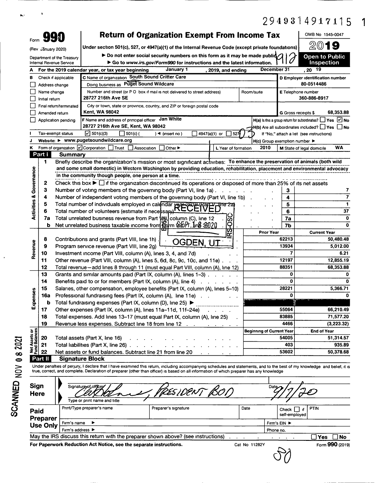 Image of first page of 2019 Form 990 for Puget Sound Wildcare