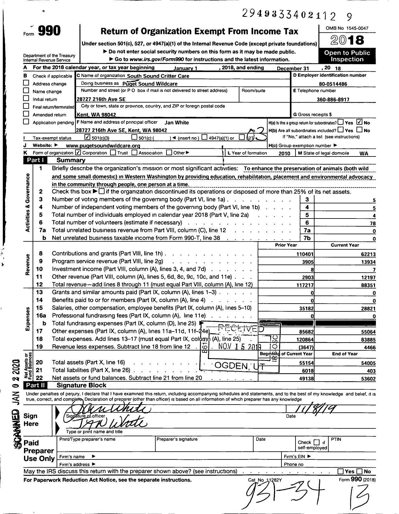 Image of first page of 2018 Form 990 for Puget Sound Wildcare