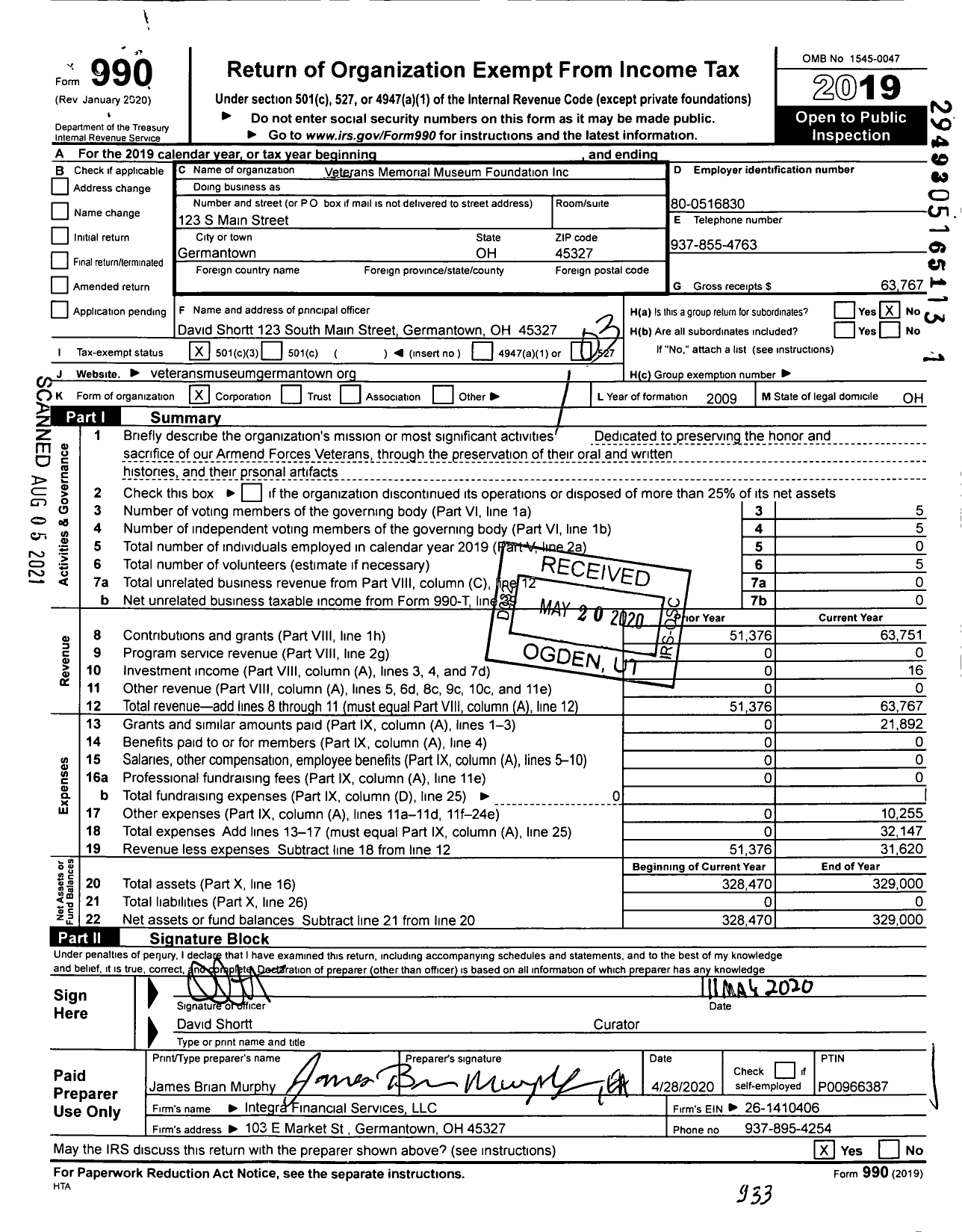 Image of first page of 2019 Form 990 for Veterans Memorial Museum Foundation