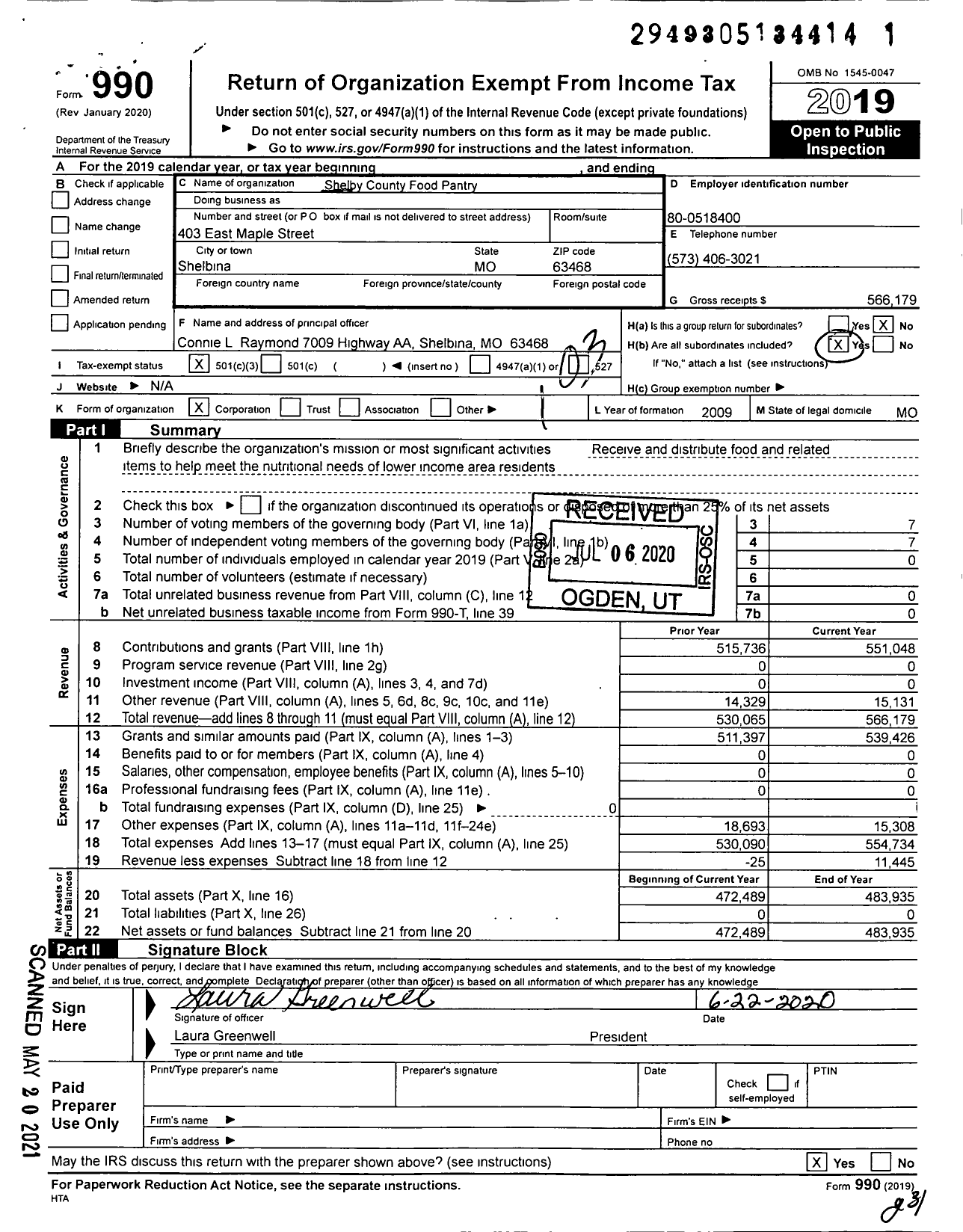 Image of first page of 2019 Form 990 for Shelby County Food Pantry