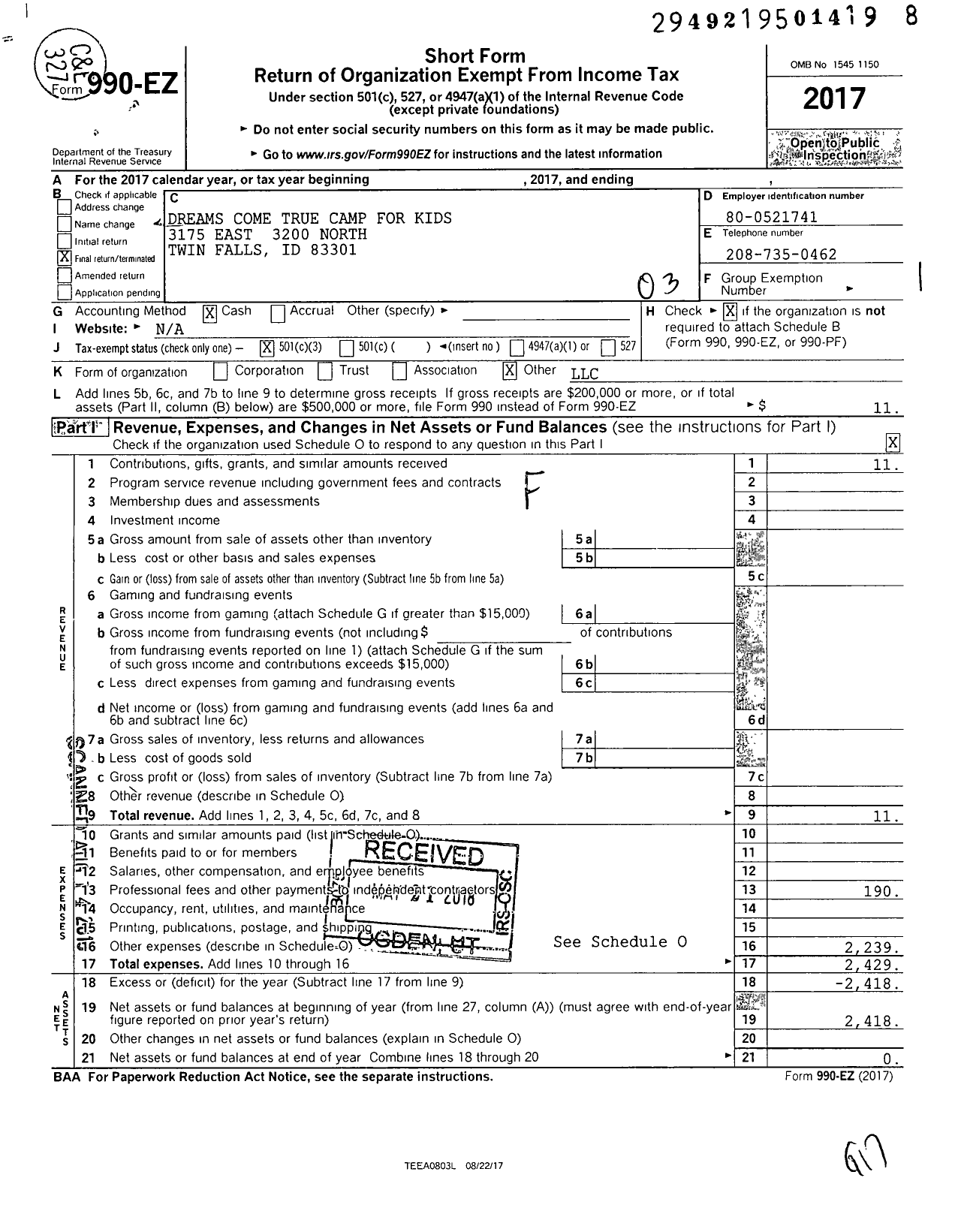 Image of first page of 2017 Form 990EZ for Dreams Come True Camp for Kids