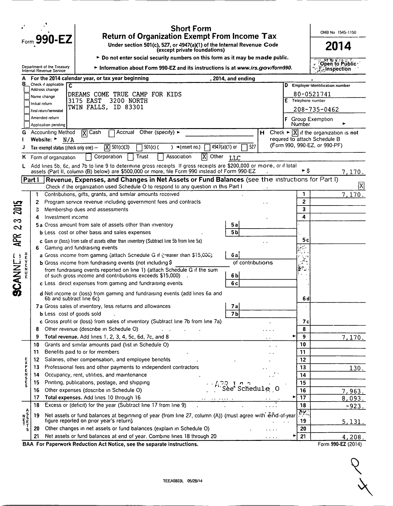 Image of first page of 2014 Form 990EZ for Dreams Come True Camp for Kids