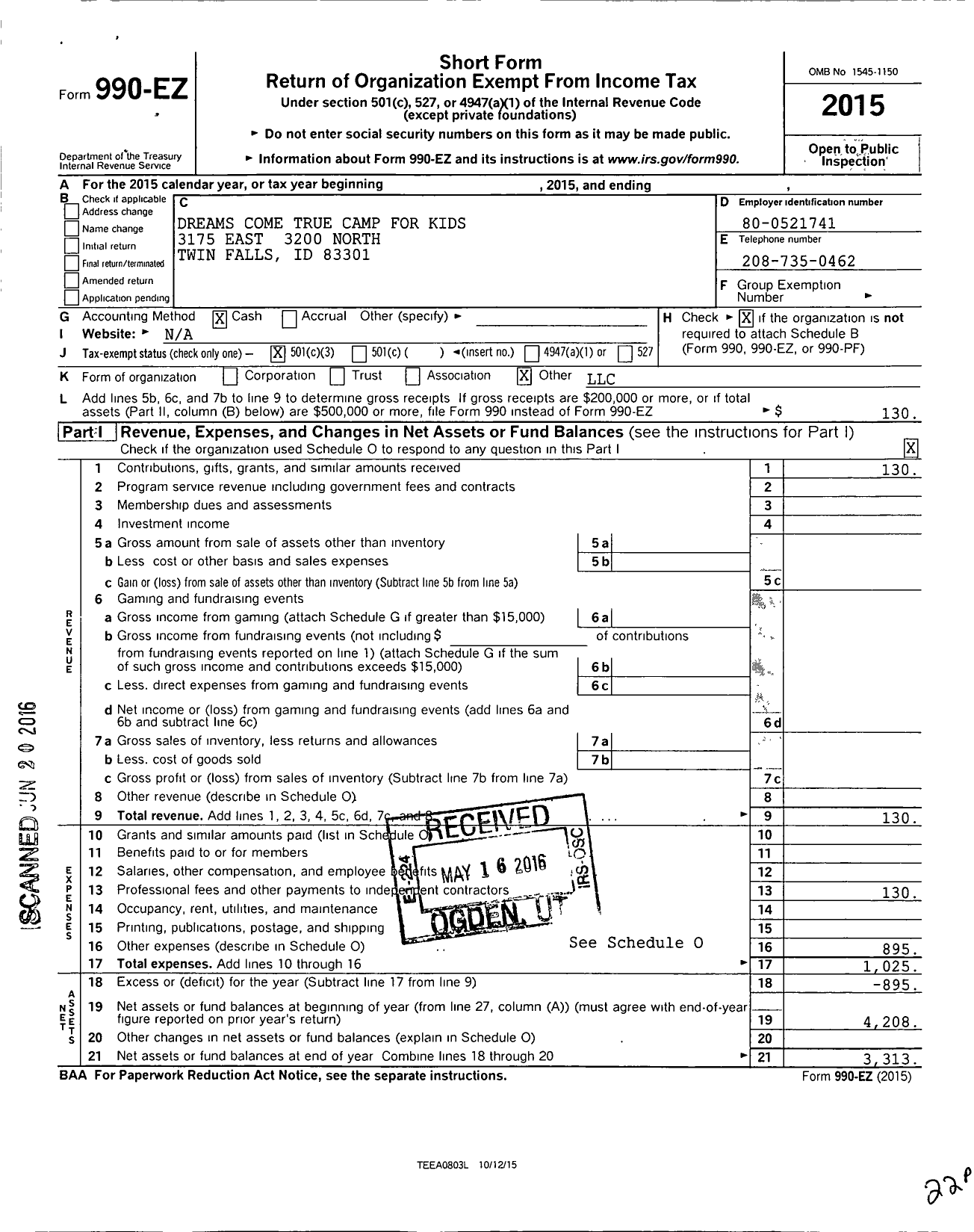 Image of first page of 2015 Form 990EZ for Dreams Come True Camp for Kids