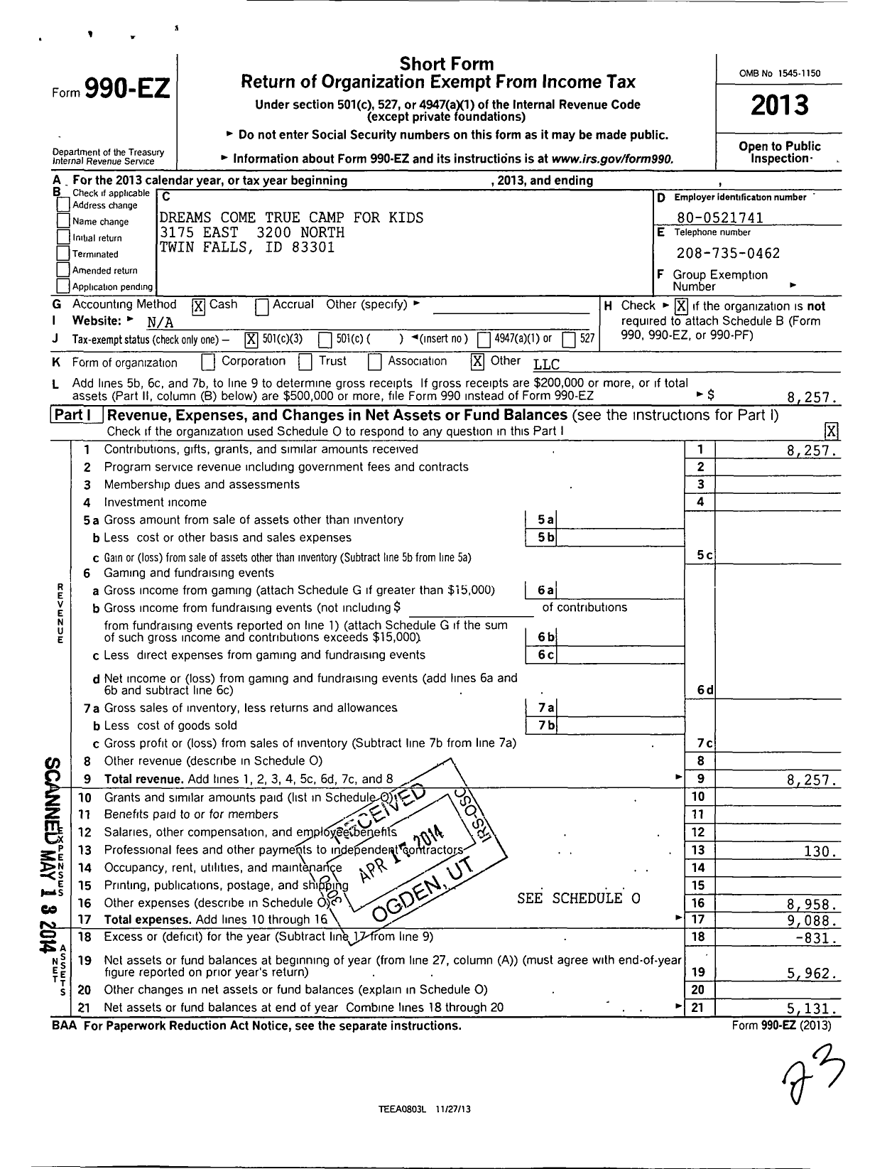 Image of first page of 2013 Form 990EZ for Dreams Come True Camp for Kids