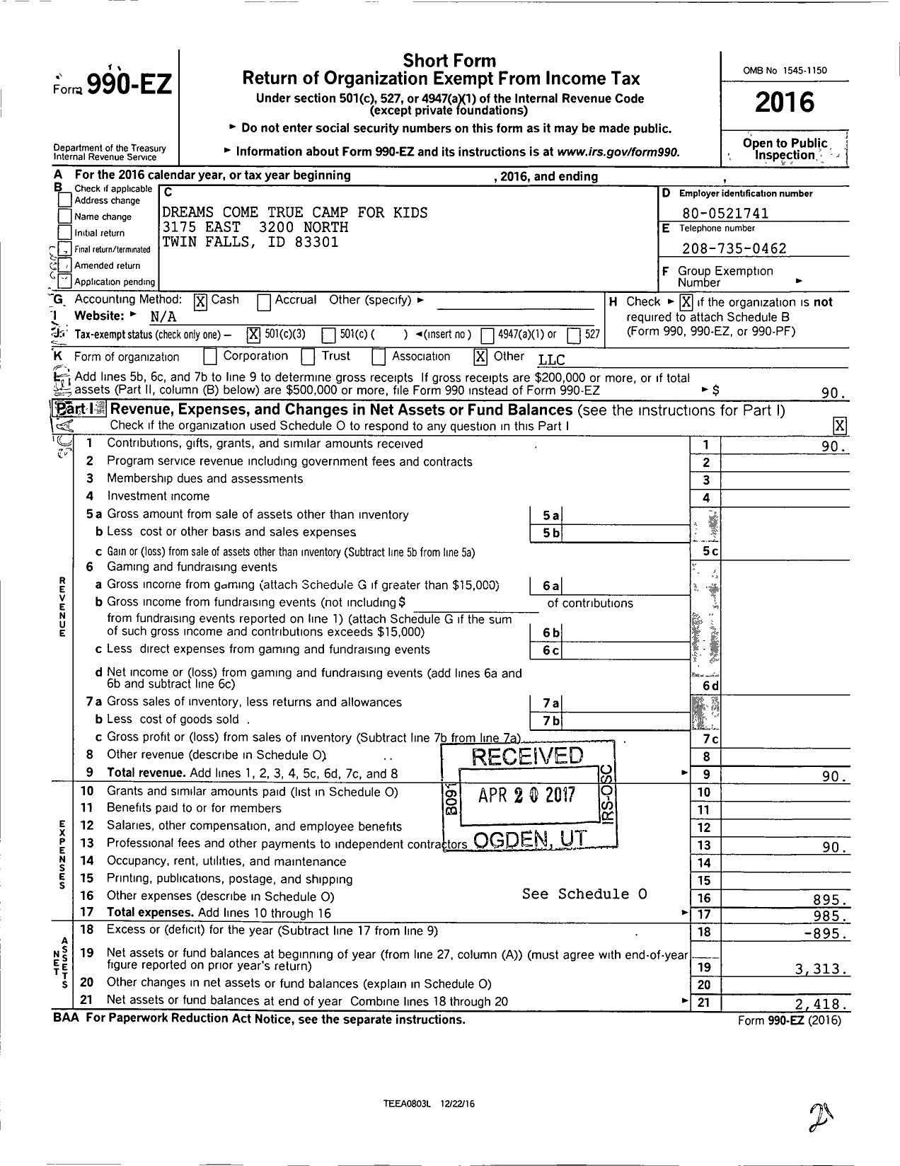 Image of first page of 2016 Form 990EZ for Dreams Come True Camp for Kids