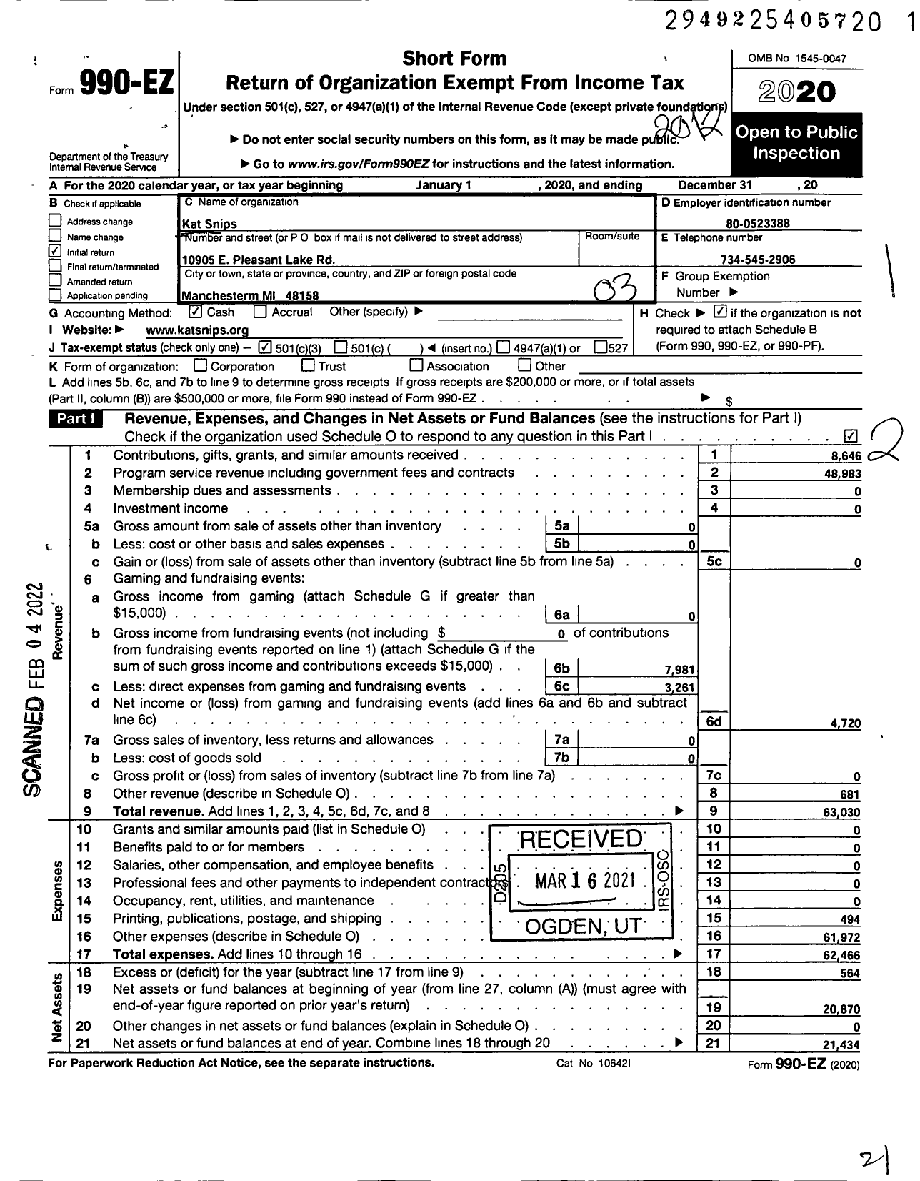 Image of first page of 2020 Form 990EZ for Kat Snips