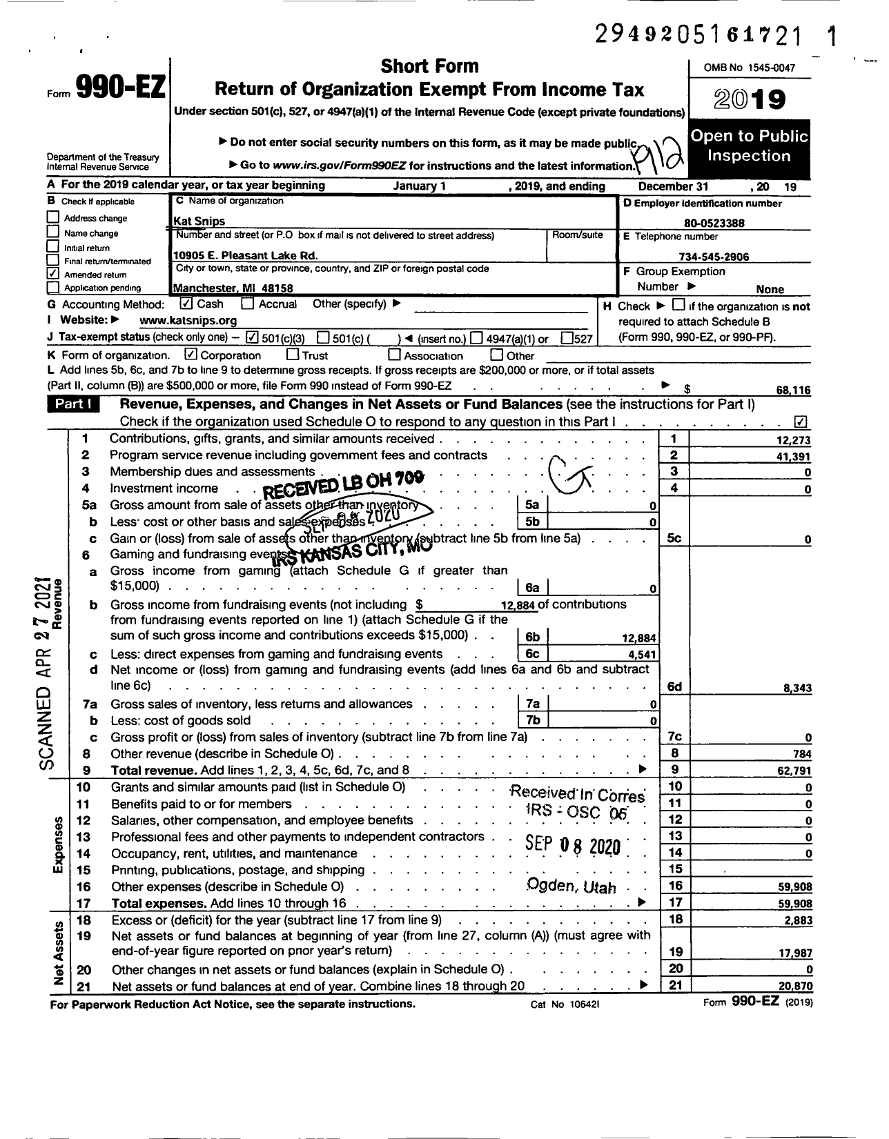 Image of first page of 2019 Form 990EZ for Kat Snips