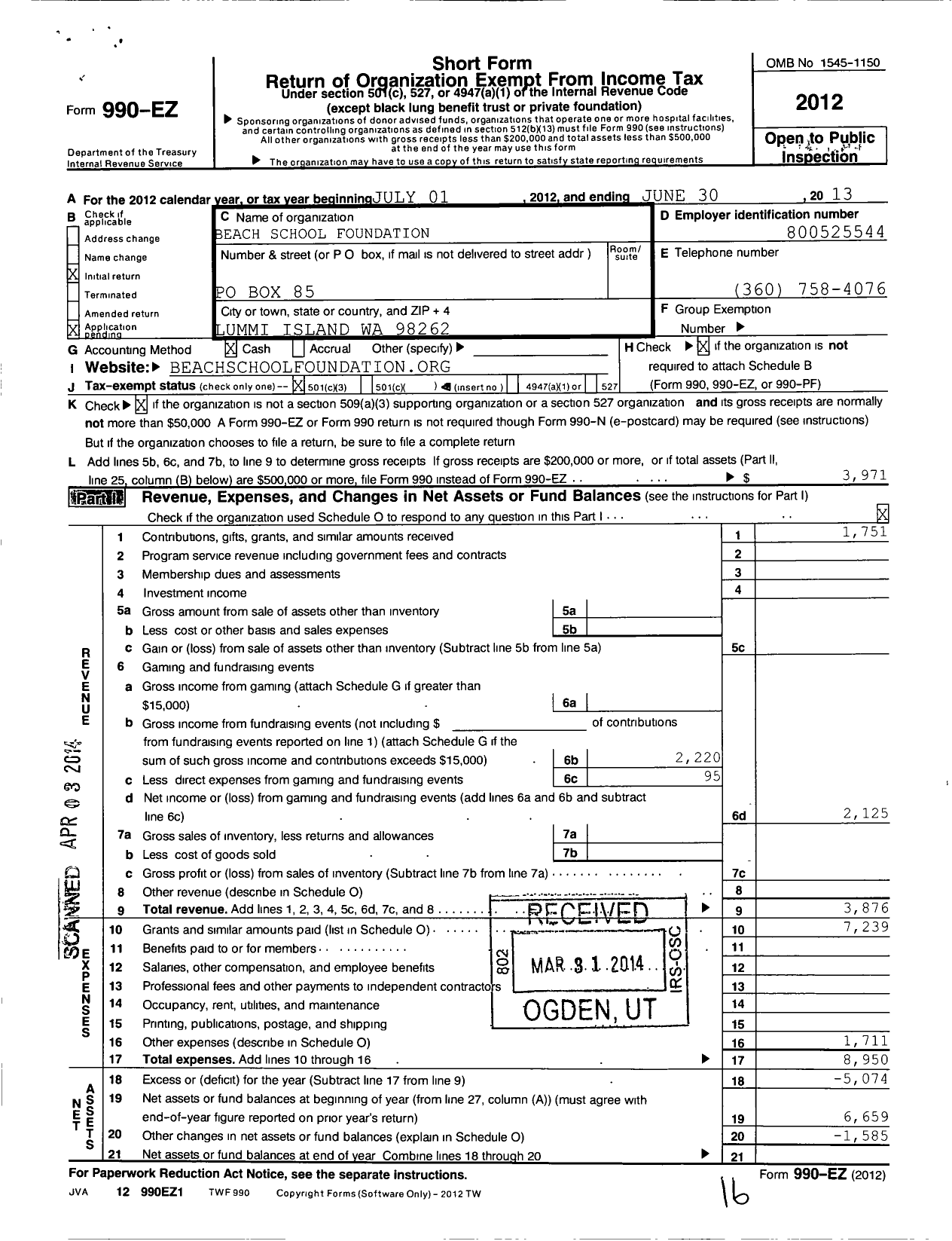 Image of first page of 2012 Form 990EZ for Lummi Island Foundation for Education