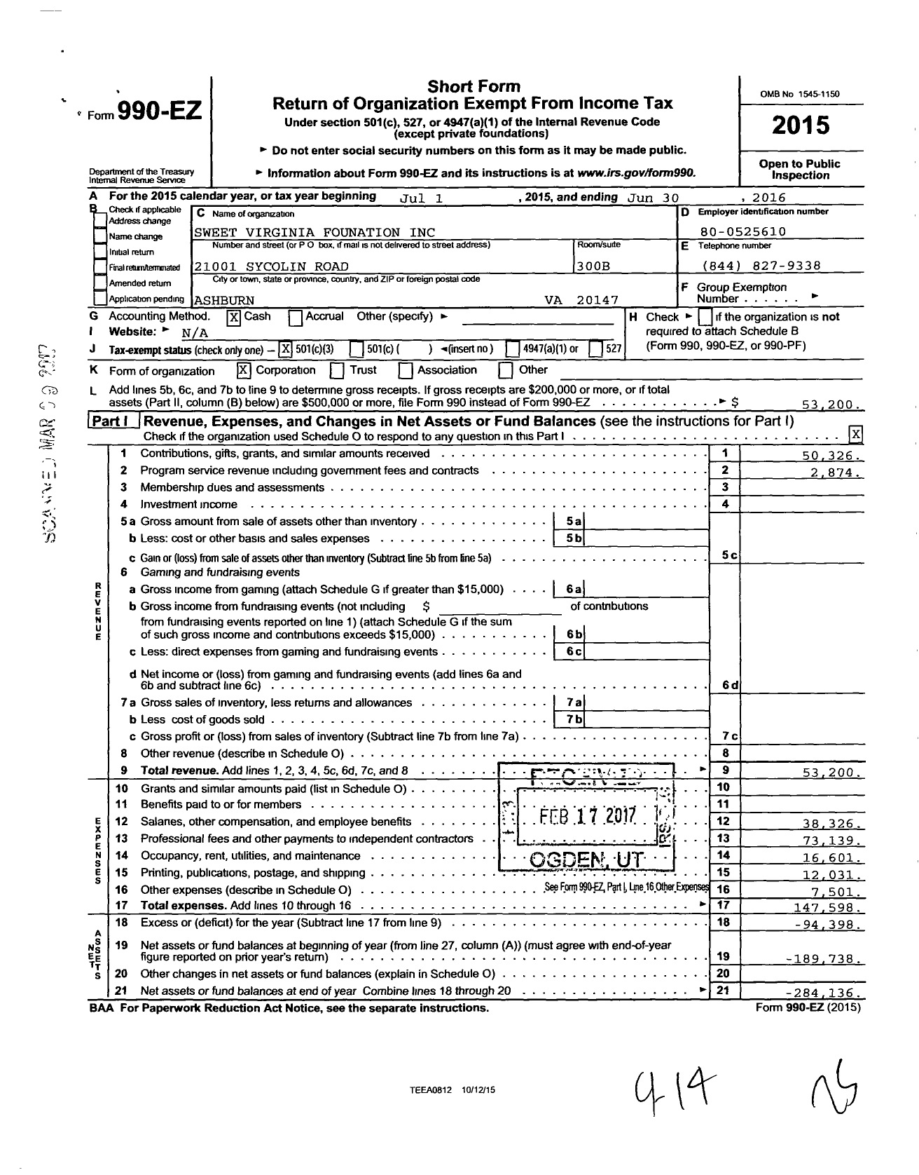 Image of first page of 2015 Form 990EZ for Sweet Virginia Founation