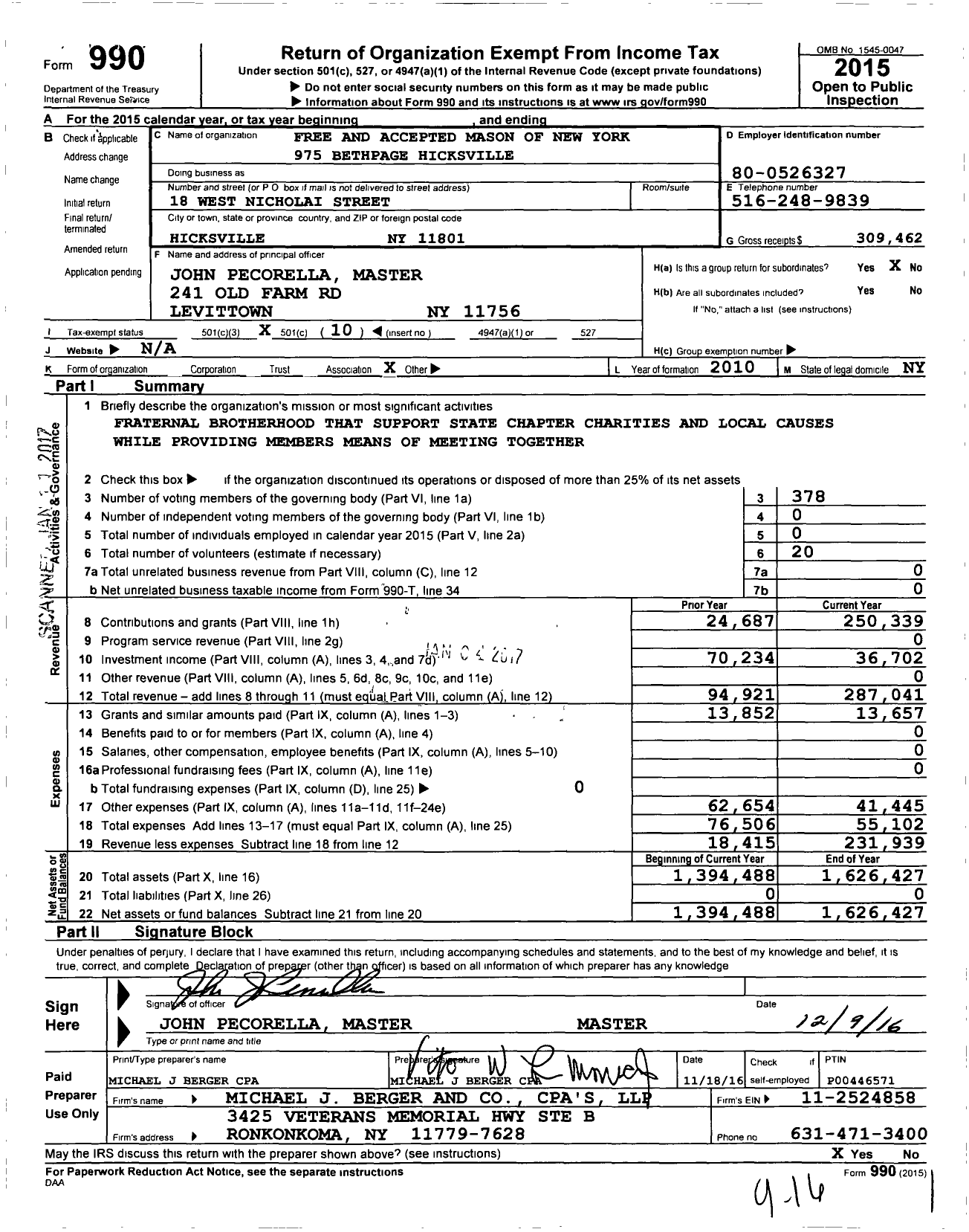 Image of first page of 2015 Form 990O for Bethpage Lodge No 975 Free and Accepted Masons