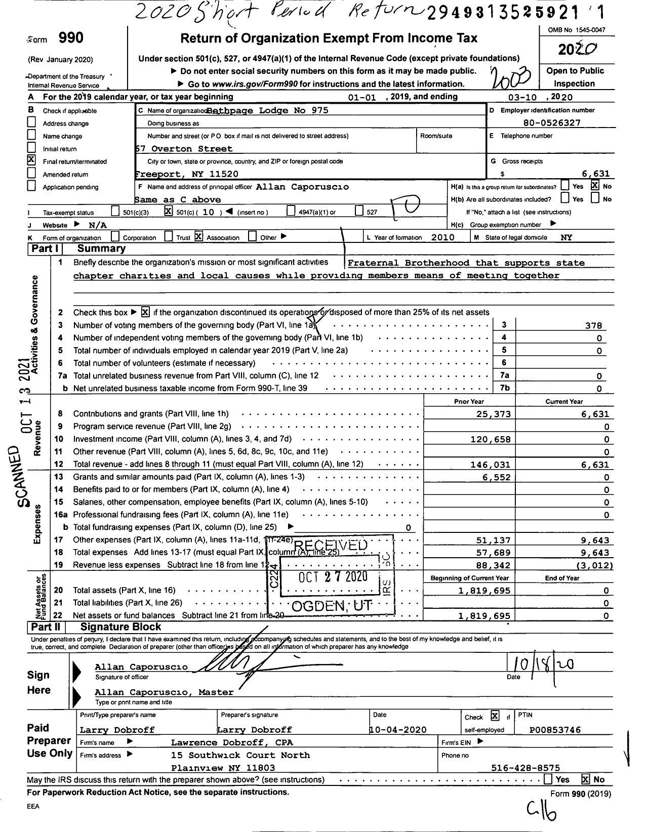 Image of first page of 2019 Form 990O for Bethpage Lodge No 975 Free and Accepted Masons